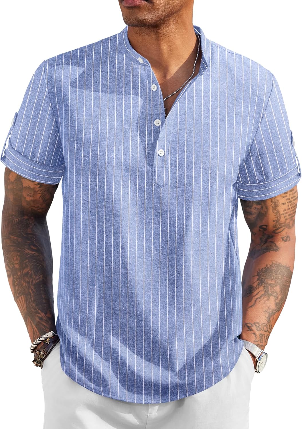 COOFANDY Men's Casual Henley Shirt Short Sleeve Band Collar Linen Shirt Summer Beach Hippie T-Shirts