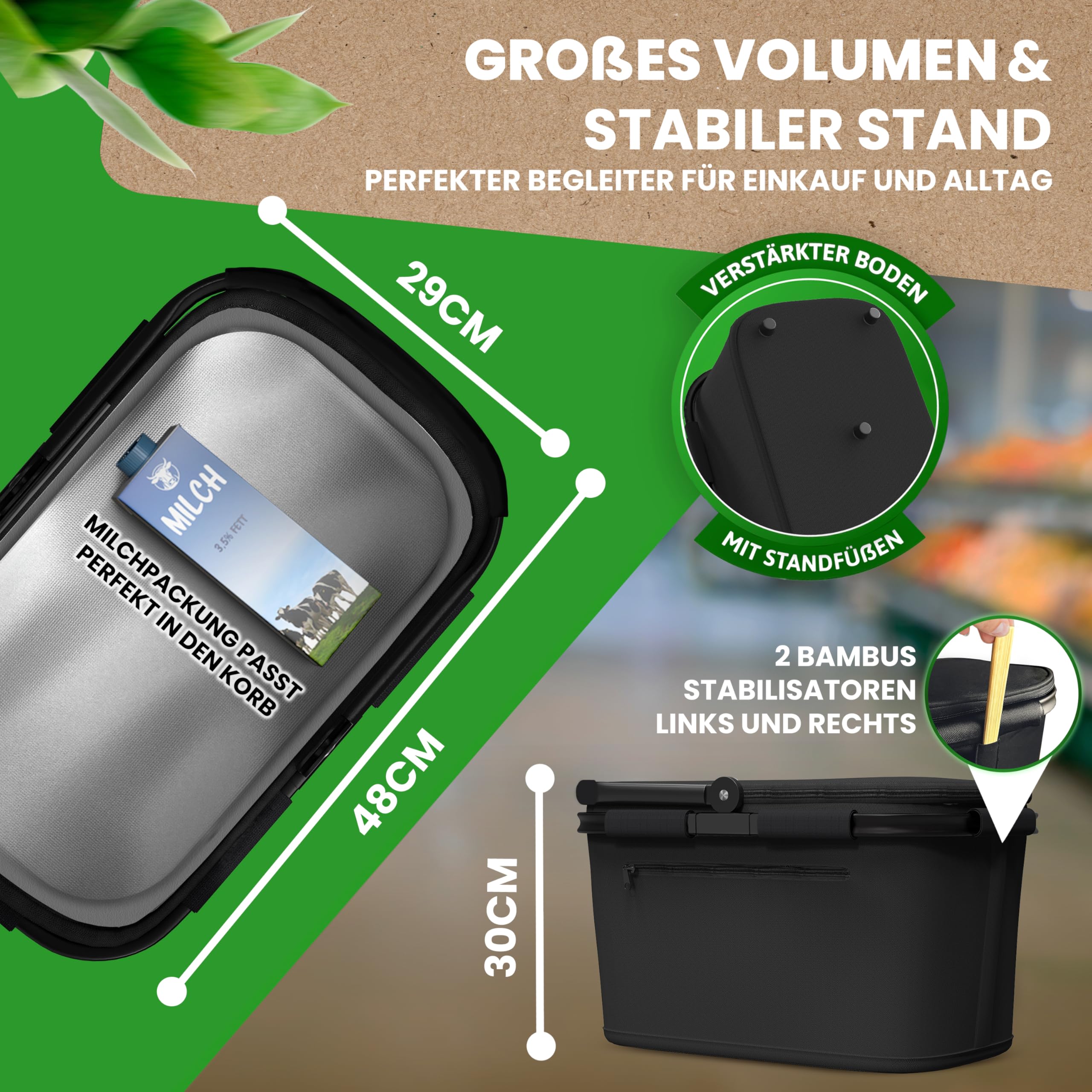 Cottara® Thermo Einkaufskorb Kühltasche groß | isolierter Einkaufskorb mit Deckel, verstärktem Boden, Frontfach mit Reißverschluss | Ideal als Kühlkorb oder Picknick Korb (Schwarz)