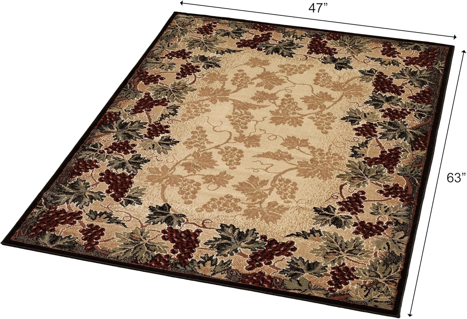 Beaujolais II Grape Area Rugs | 3 feet 11 inches x 5 feet 3 inches | Machine-Woven, Heat-Set Polypropylene Rectangle Floor Rug | Natural Earth Toned and Neutral Beige Grapevines, Grapes, and Leaves
