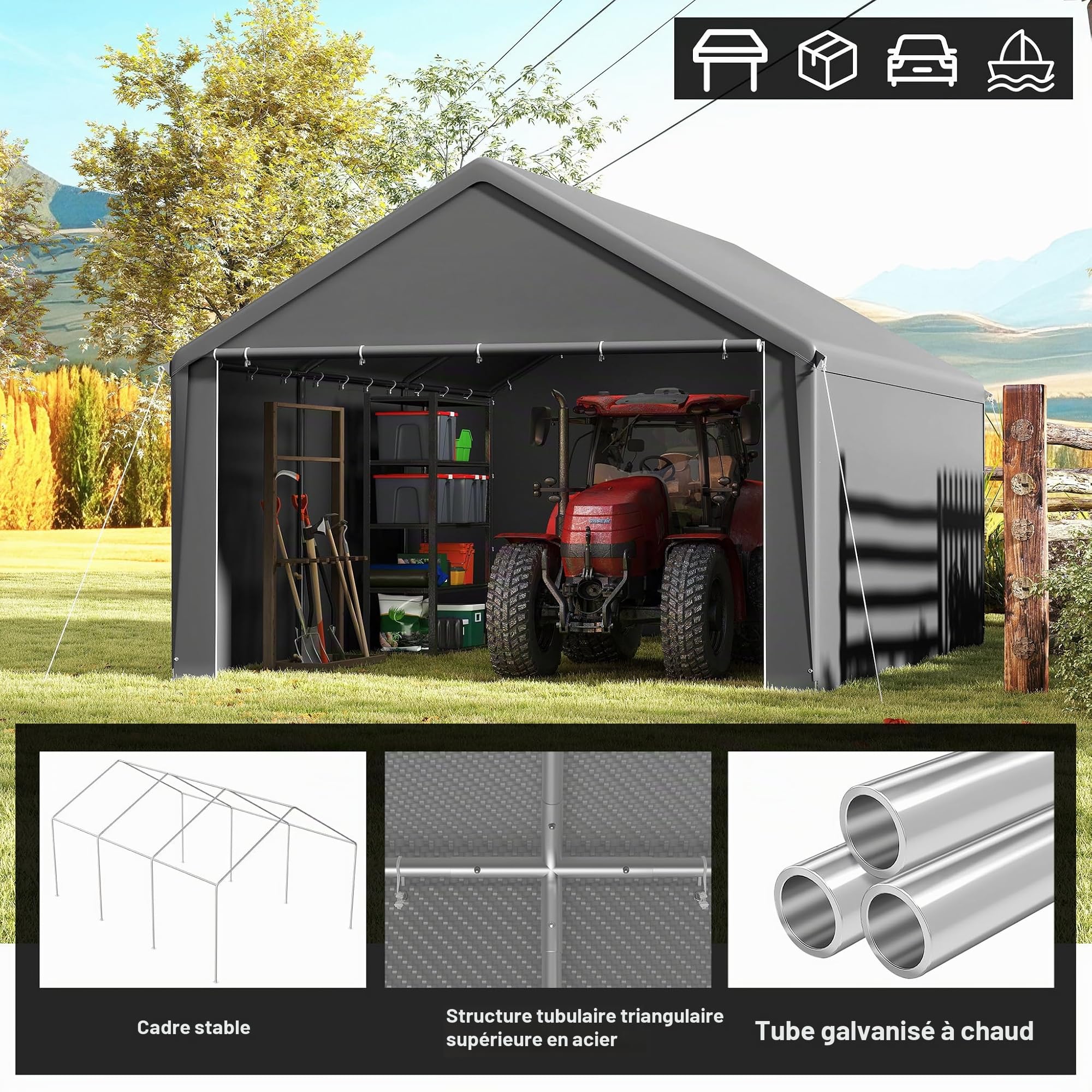 Carport, tente de rangement, 4 x 6 m, gris, structure en acier galvanisé, bâche en polyéthylène 200 g/m², imperméable, protection UV, avec bâches latérales, renfort de toit et accessoires