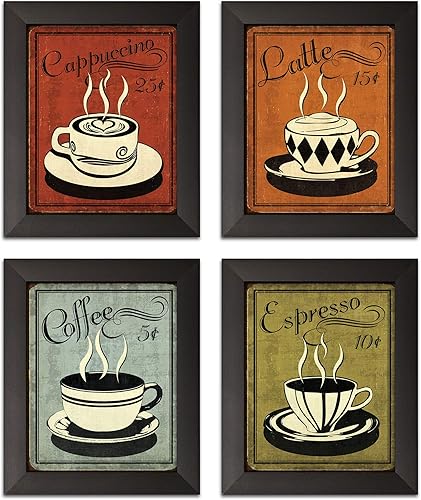 Gango Editions Impresiones retro clásicas y coloridas juego de cuatro carteles enmarcados negros de 8 x 10 pulgadas listos para colgar