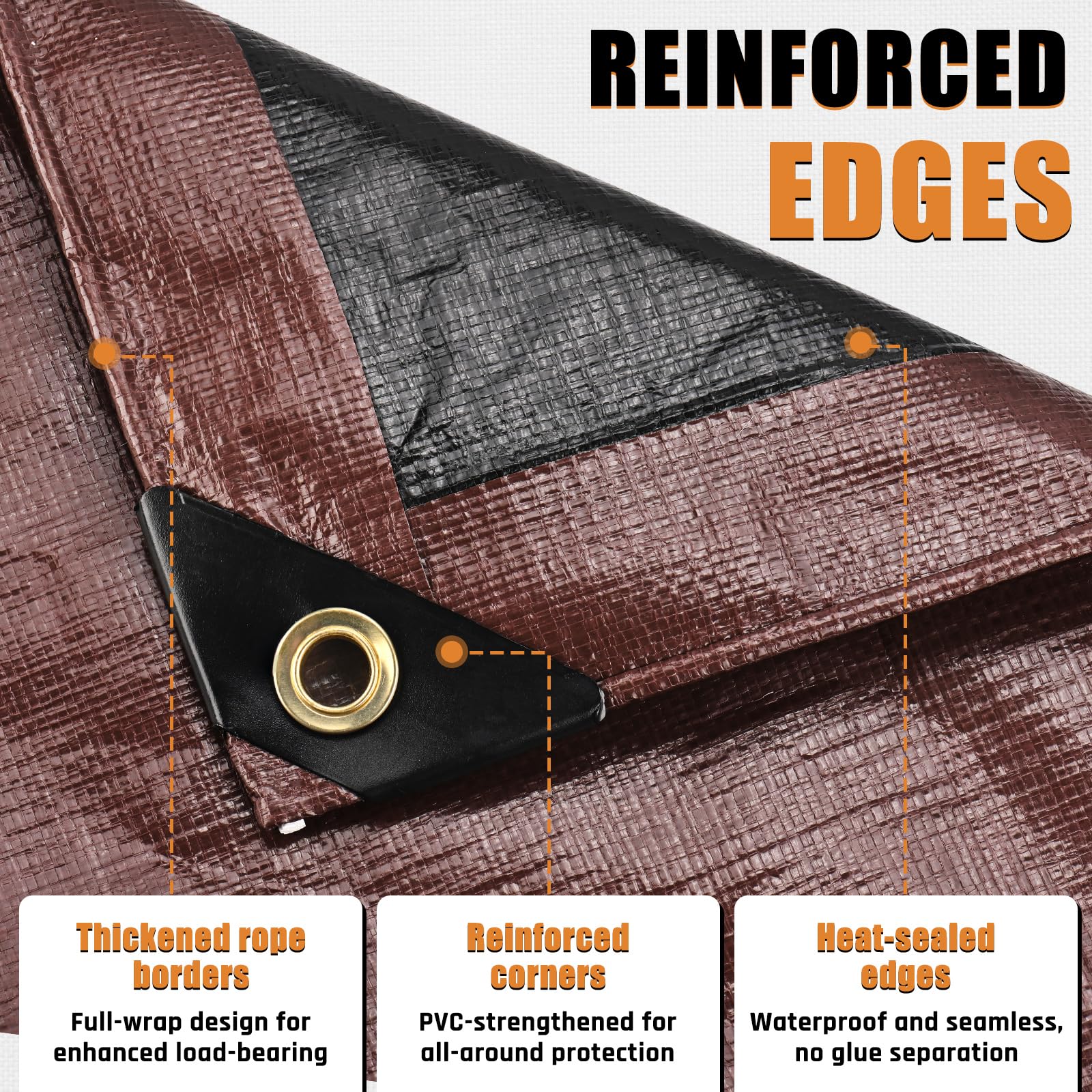 10x12FT Waterproof Tarp, Yumatum 10 Mil Heavy Duty Tarps with Reinforced Edges/Brass Grommets, 100% UV Blocking/Tear Resistant Poly Tarp for Camping, Patio, Tent, Boat(Brown/Black) - 4