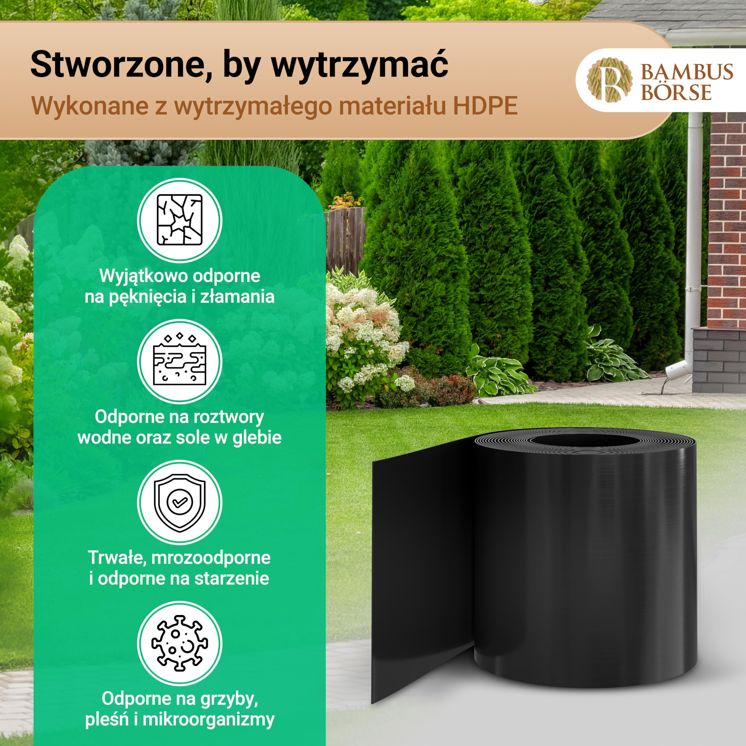 Krawędź trawnika – obramowanie rabatek o wysokości 30 cm, długość 15 m, z tworzywa sztucznego HDPE – elastyczne obramowanie rabatki i ograniczenie trawnika, odporne na warunki