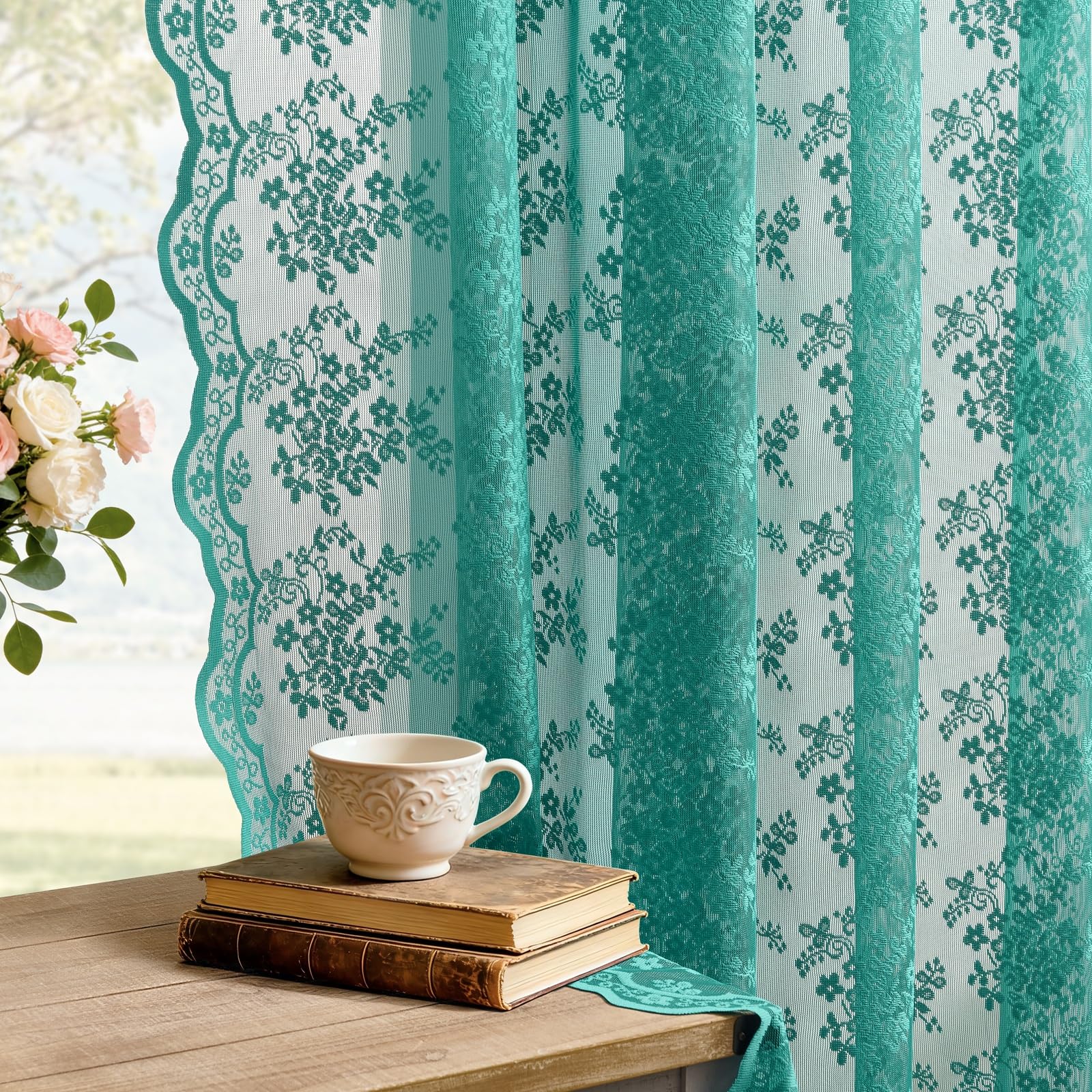 YJ YANJUN Vintage Lace Curtains 63 Inch Length Victorian Floral Teal Sheer Curtain Panels for Living Room Bedroom Boho Farmhouse Shabby Chic Drapes Light Filtering 2 Panels 52W x 63L Dark Cyan