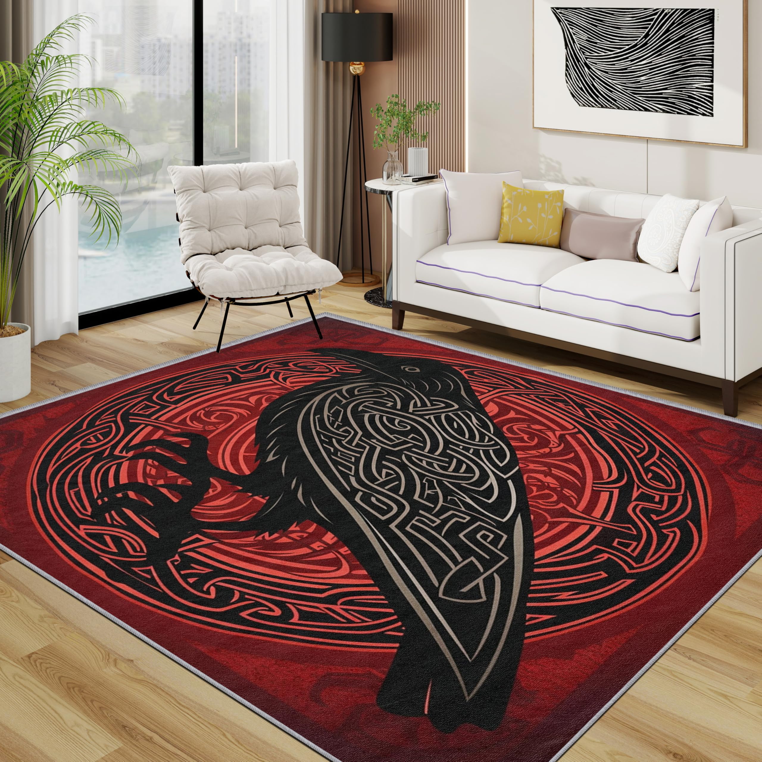 Raven Rug - Viking Celtic Knot Crow Small Rugs for Bedroom 50x80, Mystical red and black Floor Mat Soft Washable Non Slip Indoor Mats, Raven Home Decor