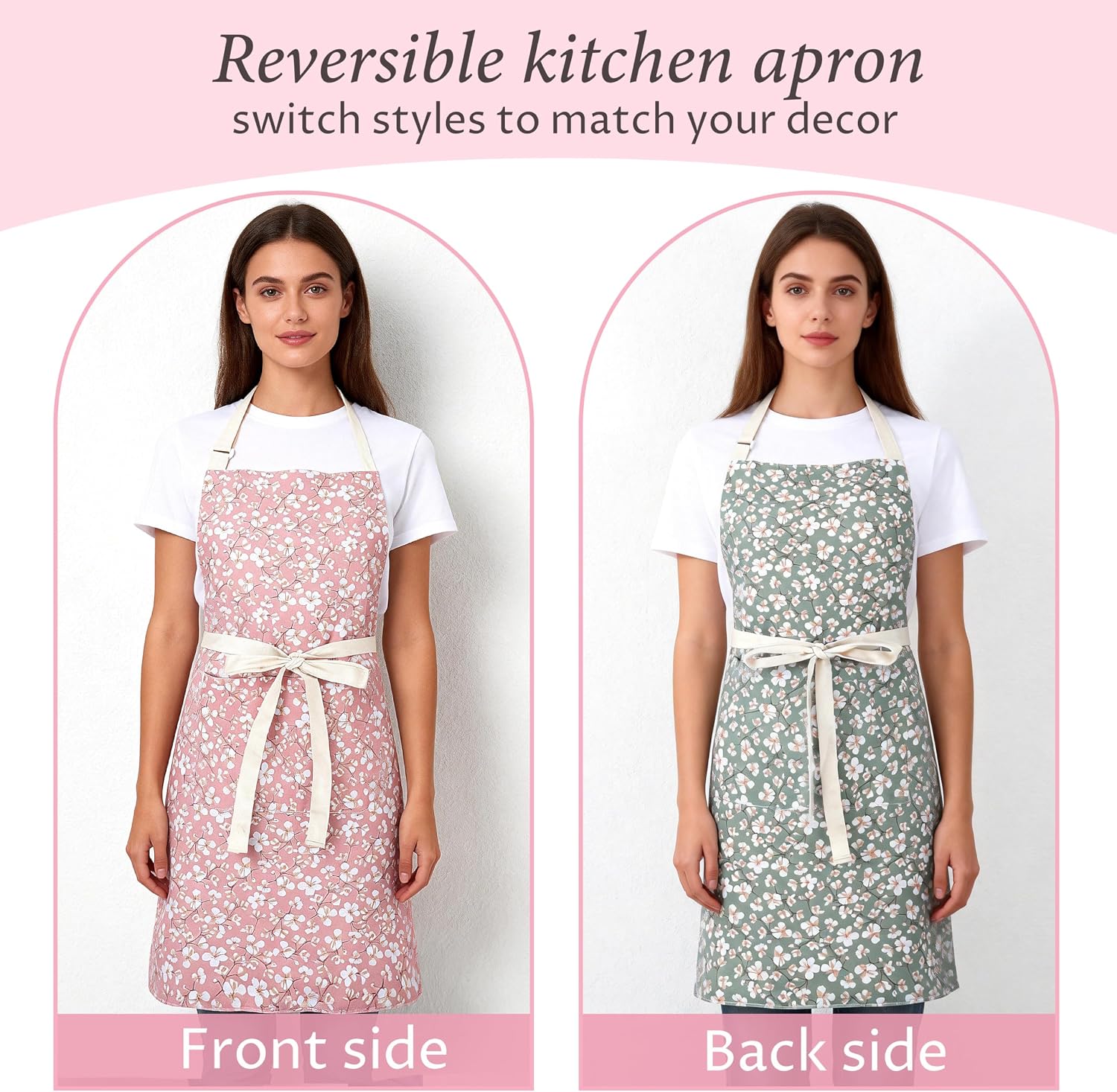 Aoomzoon Kitchen Aprons for Women with 2 Pockets,Double Sided Vintage Adjustable Apron for Gardening Cooking Arting Painting image 2