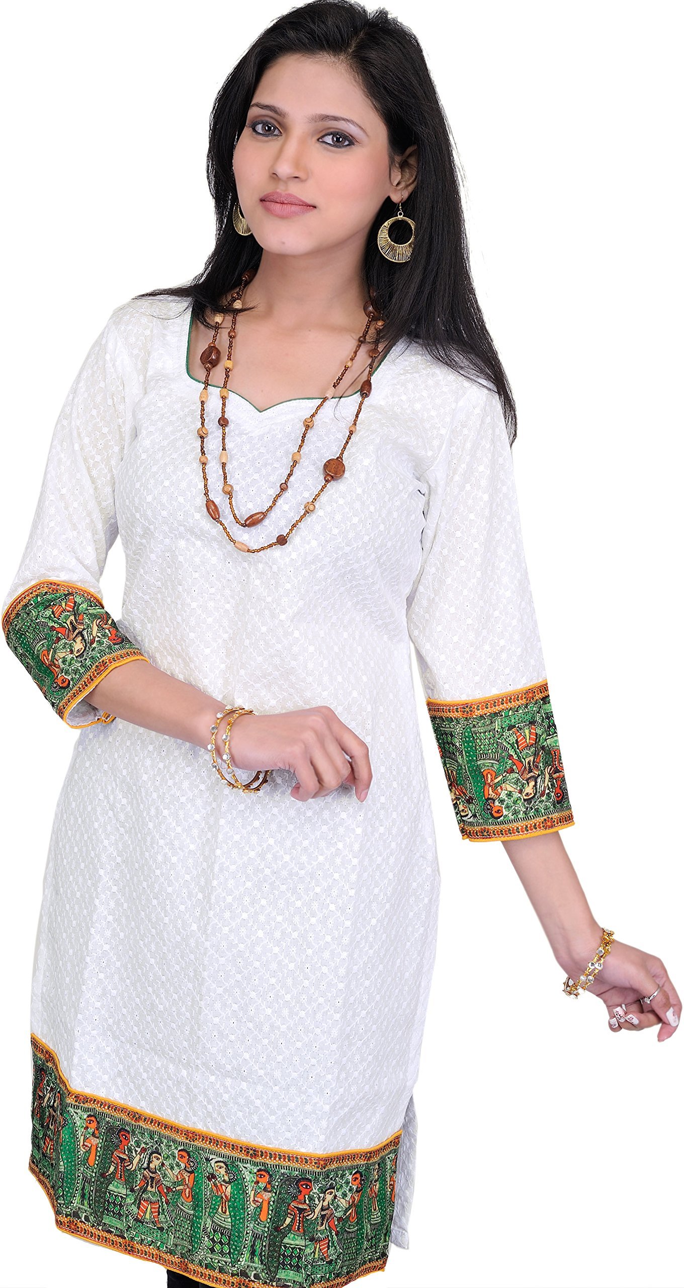 Exotic India Chikan Embroidered Bright-White Kurti with Printed Madhuban - White