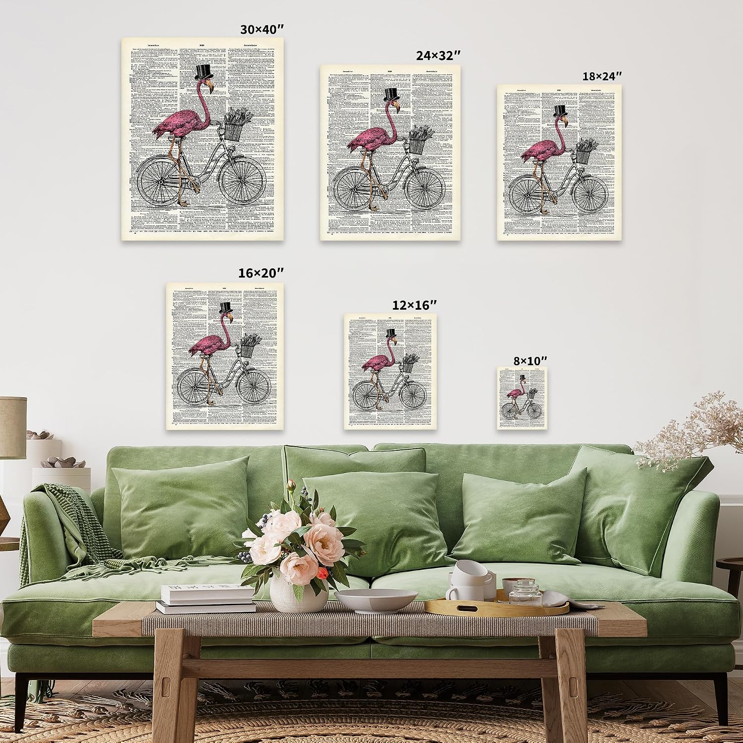 Poster Master Bird Canvas - Pink Flamingo on Bicycle Print - Dictionary Art - Gift for Bike Enthusiast & Animal Lover - Funny Wall Decor for Bedroom or Nursery - 8x10 STRETCHED Canvas