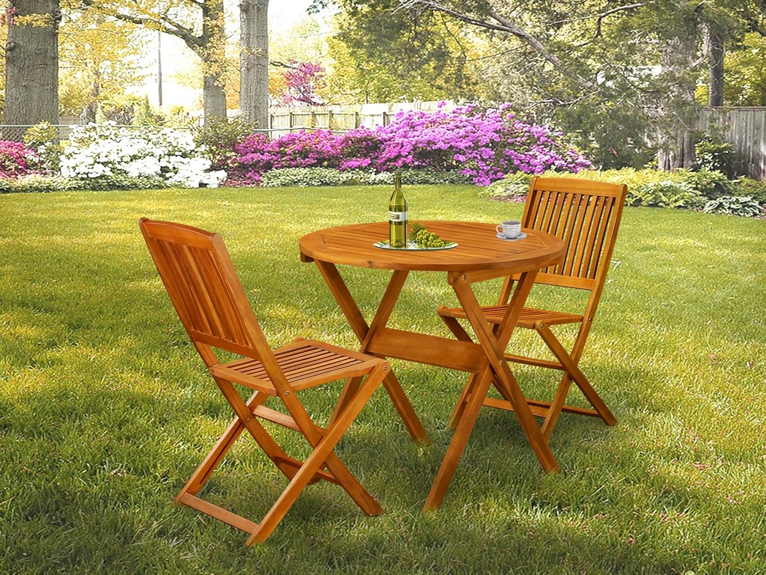 East West Furniture MNCM3CWNA 3 Piece Patio Bistro Sets Wood Folding Table Set Contains a Round Outdoor Acacia Wood Coffee Table and 2 Folding Side Chairs, 30x30 Inch, Natural Oil