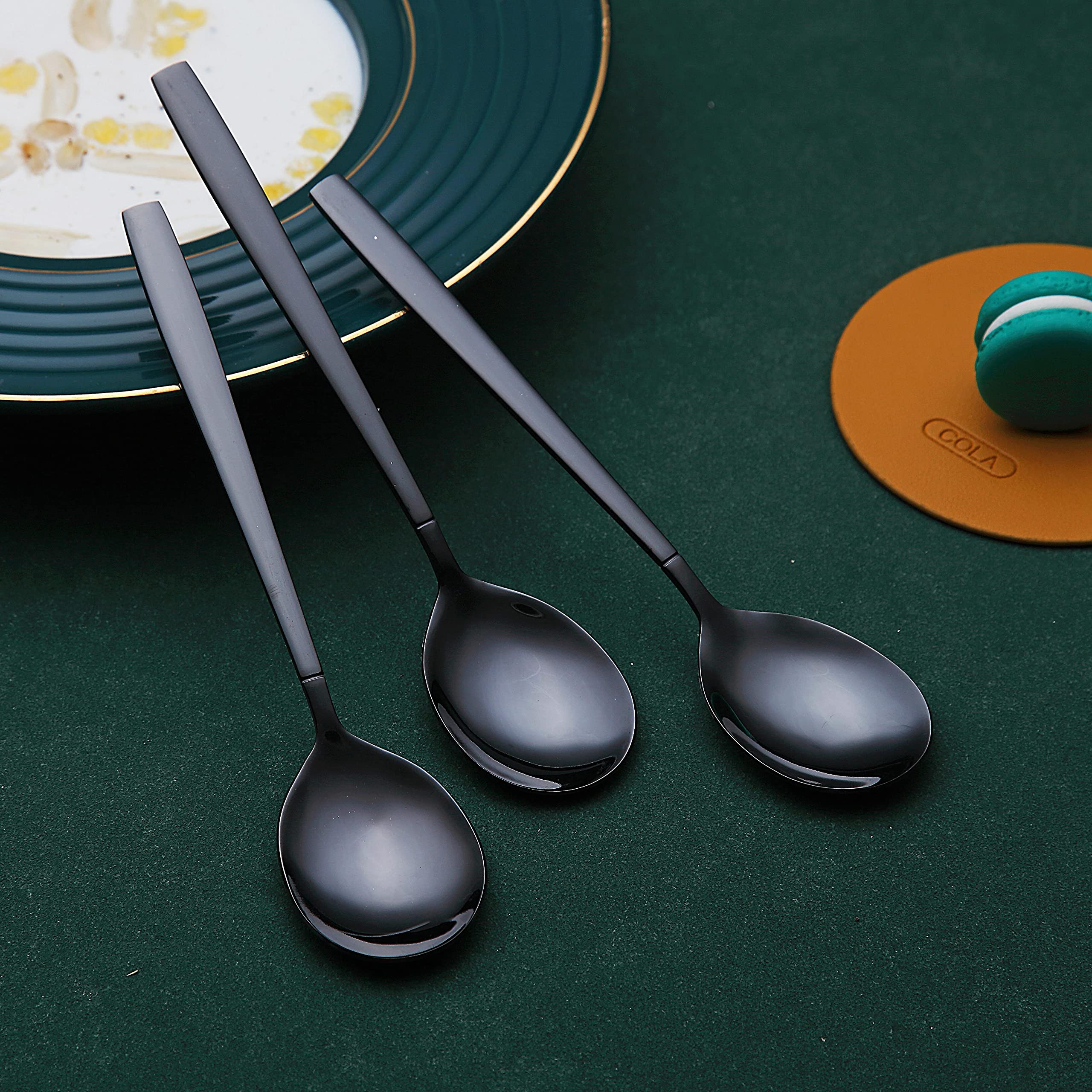 Berglander 6 cucharadas de vajilla de acero inoxidable chapado en titanio negro brillante, negro, juego de cucharas y cucharas negras