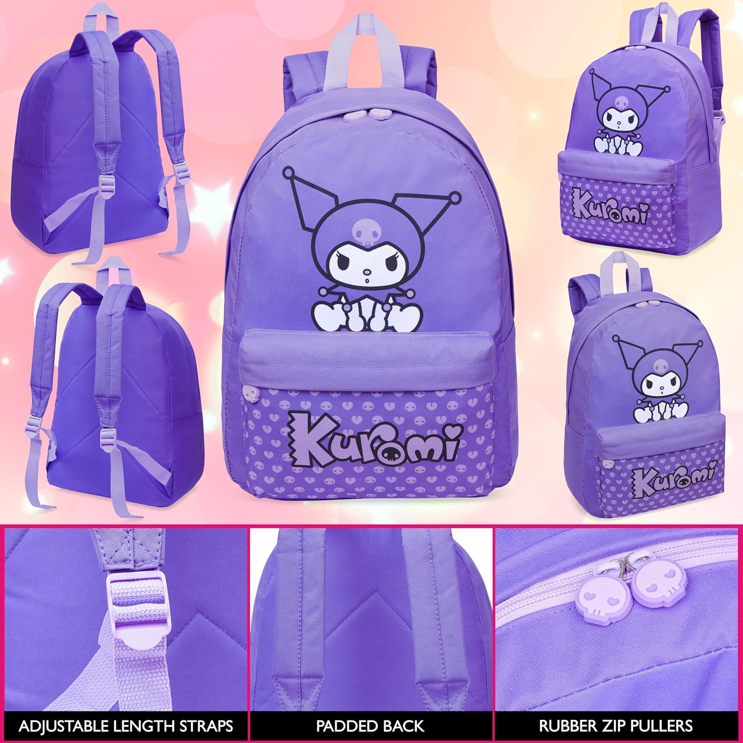 Hello Kitty Sanrio Backpack for Girls, Tweens with Zipped Front Pocket, Kawaii Backpacks for School, Travel, Gifts for Girls (Purple Kuromi)