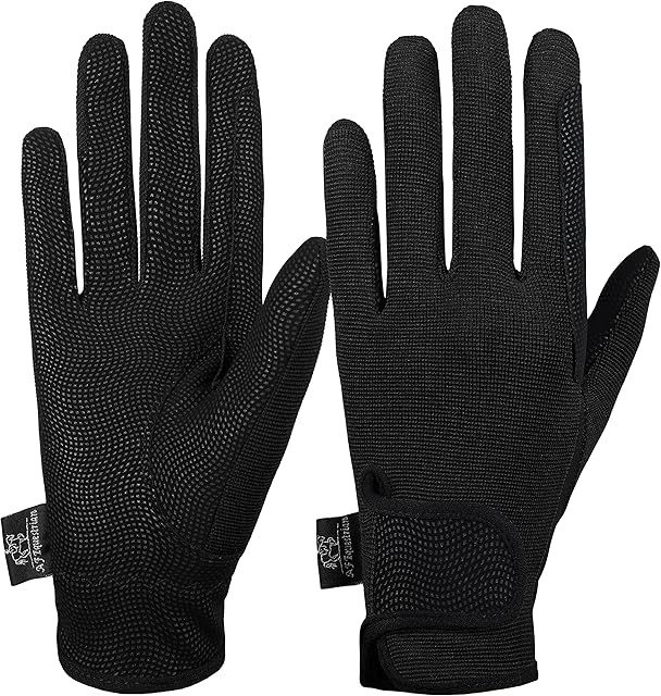 AFE Ladies Horse Riding Gloves Track Fabric Gloves Synthetic Leather Equestrian Black Stretch Fabric (Black, Small)