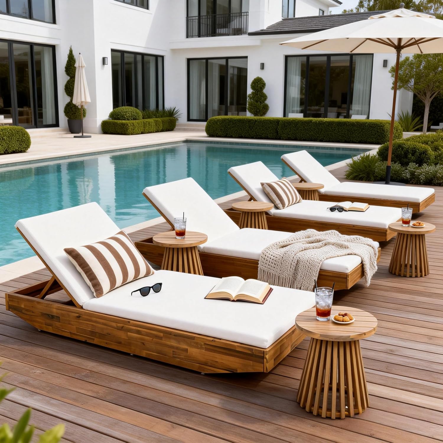 Acacia Wood Chaise Lounge with 2-Fold Thin Cushion - Teak Finish Outdoor Recliner with Beige Water-Repellent Cushion, 79.6" L x 29" W, 300 lbs