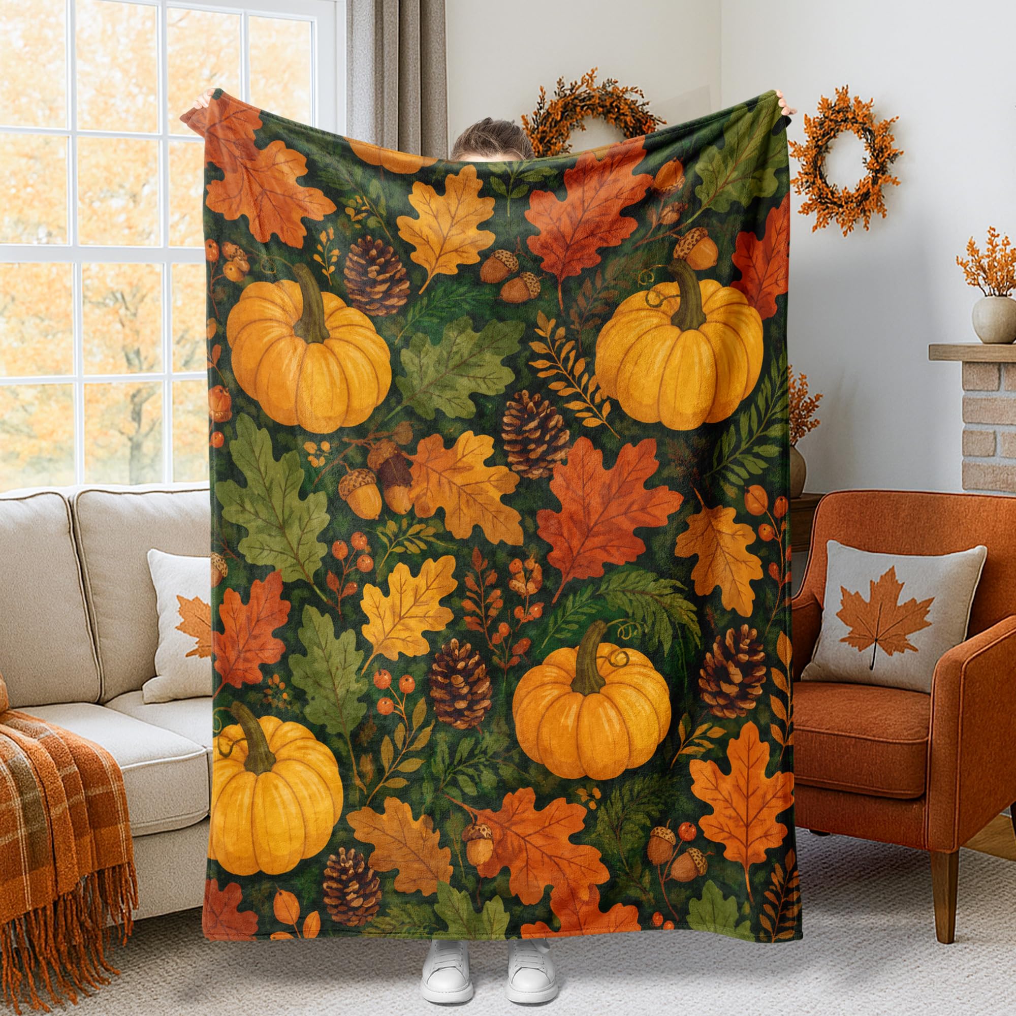 Plaid en peluche feuilles de pin automne 127x152 cm pour canapé et lit