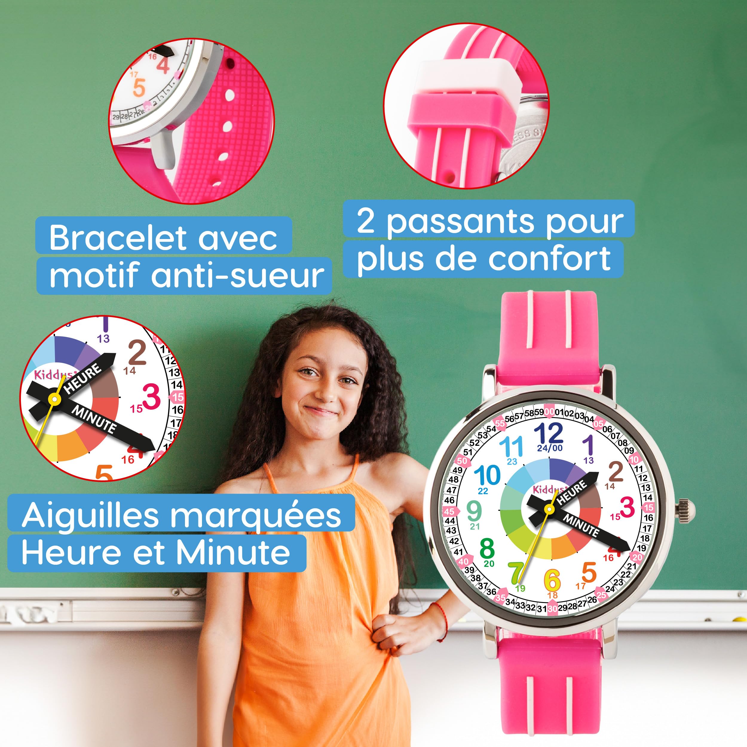 Kiddus Montre Enfant Fille et Garçon à partir de 5 Ans, Montre Éducative Analogique à Aiguilles, Apprentissage de l'Heure, Mouvement Japonais