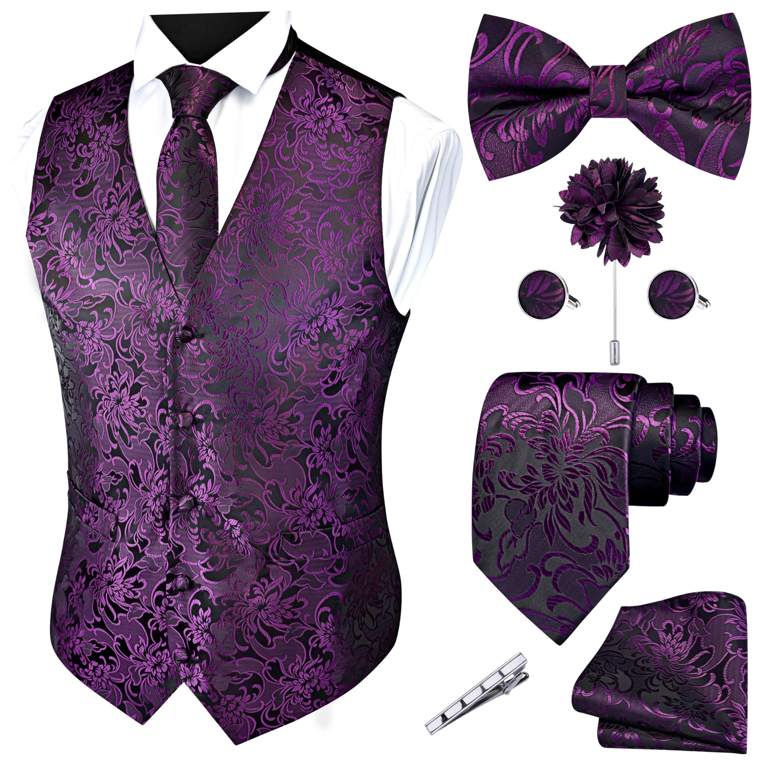 GUSLESON Formal Men Vest Paisley Floral Jacquard Tie Waistcoat Bow tie Hanky Lapel Pin Cufflinks Set Wedding 7PCS
