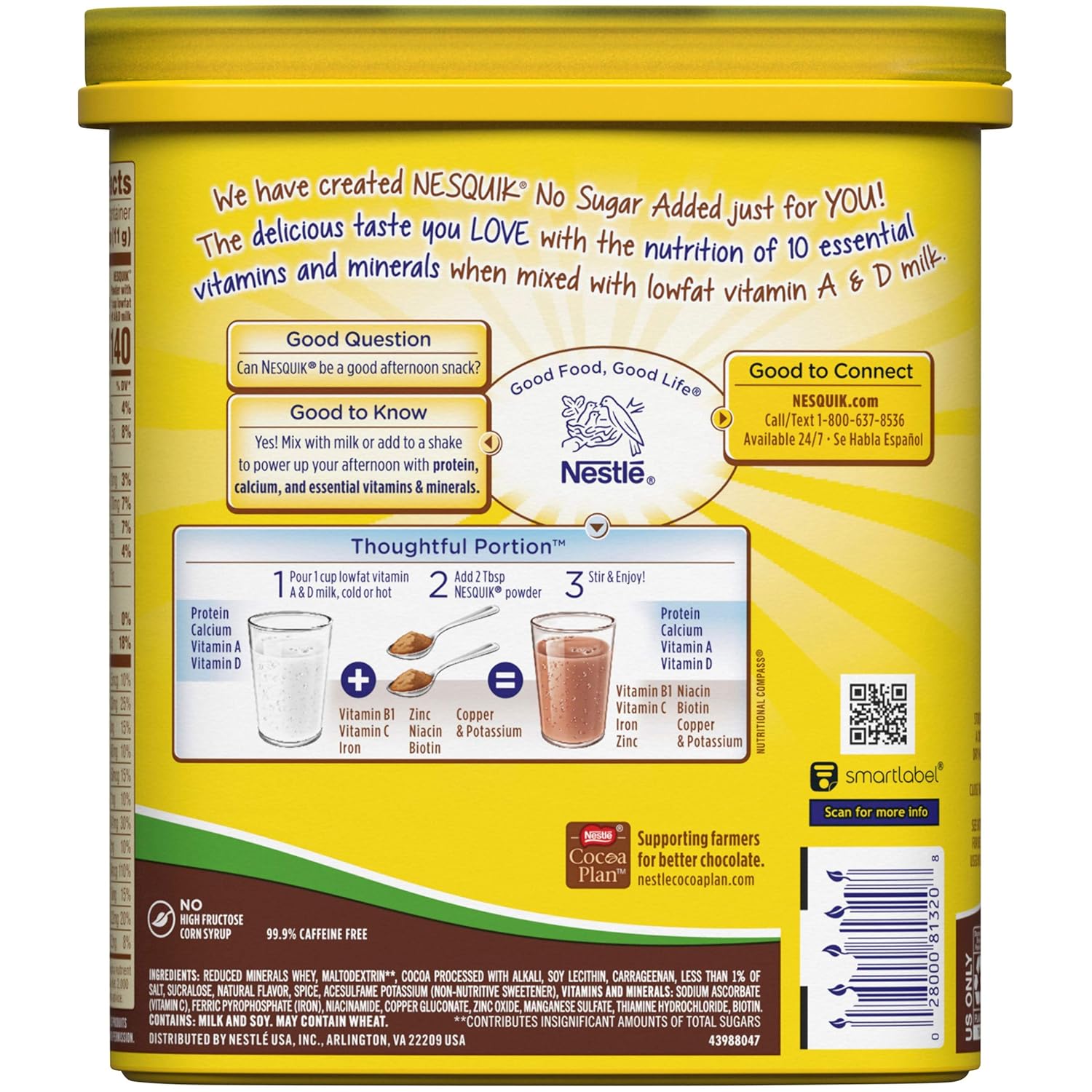 NESQUIK No Sugar Added Chocolate Cocoa Powder, 16 Oz. Tub | Chocolate Milk Powder