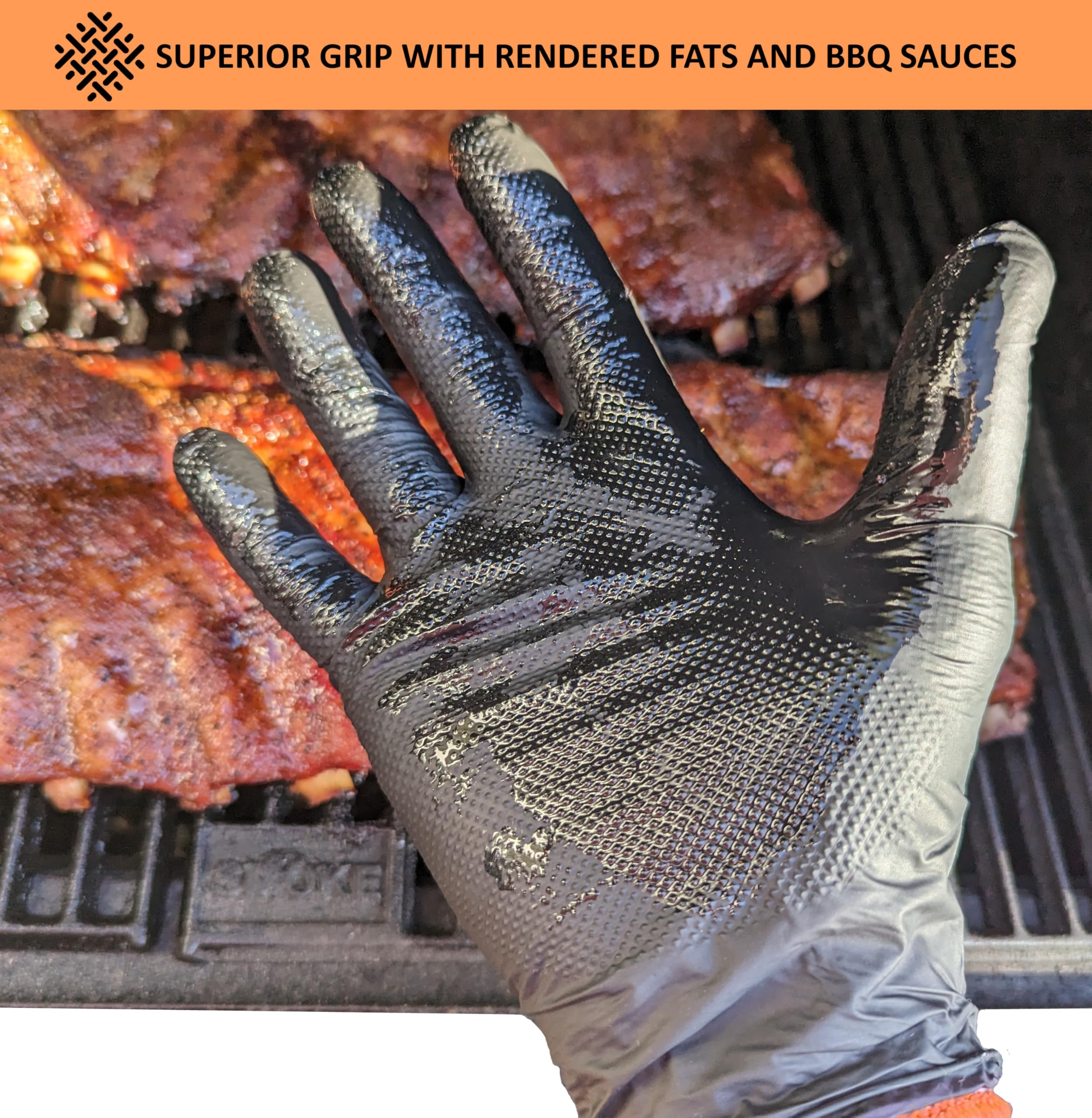 Kit de guantes desechables negros para parrilla de barbacoa, 50 agarres texturizados resistentes y 2 forros reutilizables resistentes al calor para tirar de carne (textura completa de palma y dedo,