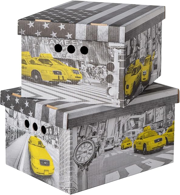 Pack of 2 Decorative Storage Boxes With Lids Home Office Bedroom Wardrobe Box Organiser Archive Box with Lid Multi-Use General Storage Archive Box with Lid Stylish Set Large New York