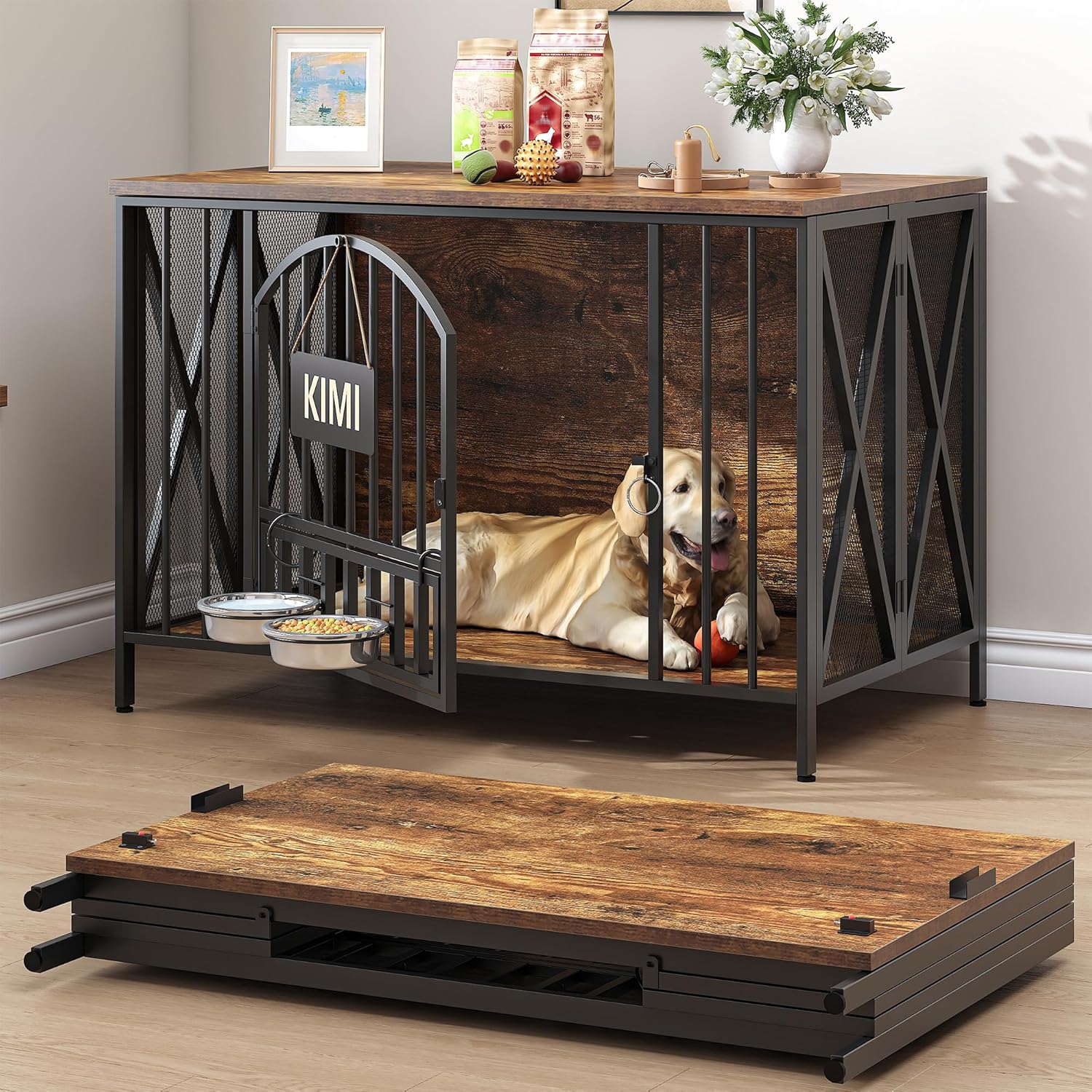44 Inch Heavy Duty Dog Crate Furniture with 3 Doors, Dog Kennel with 360° Stainless Steel Bowls, Lockable Wheels, Wood Dog Cage End Table with Led Light, Pet Crate Dog Cage for Large/Medium/Small Dogs