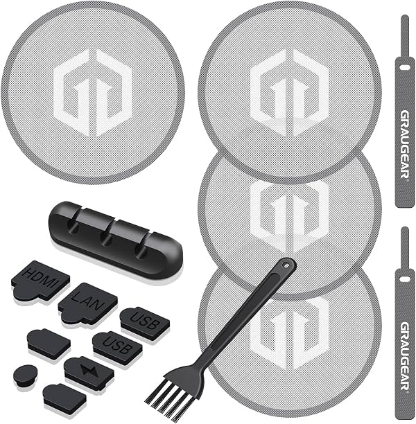 Kit de filtro antipolvo GRAUGEAR para PS5, cubierta antipolvo de malla fina para ventilador de enfriamiento de consola PS5 con tasa de flujo de aire del 92%, juego de tapones de silicona antipolvo, soporte para cables y bridas de regalo