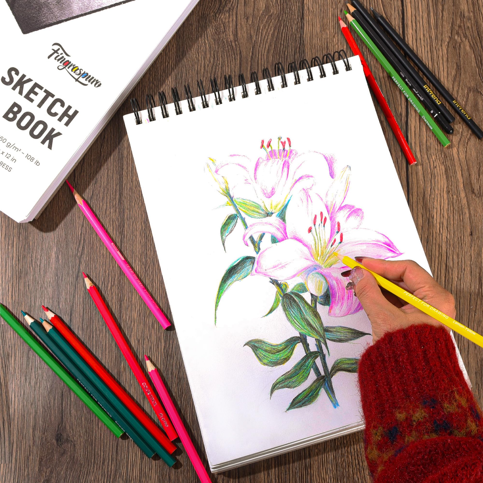 Fingraspuro Blocco da disegno, 160 g/m², 22,5 x 30,5 cm, 100 fogli con rilegatura a spirale, copertina rigida a caldo, per disegno e supporti misti