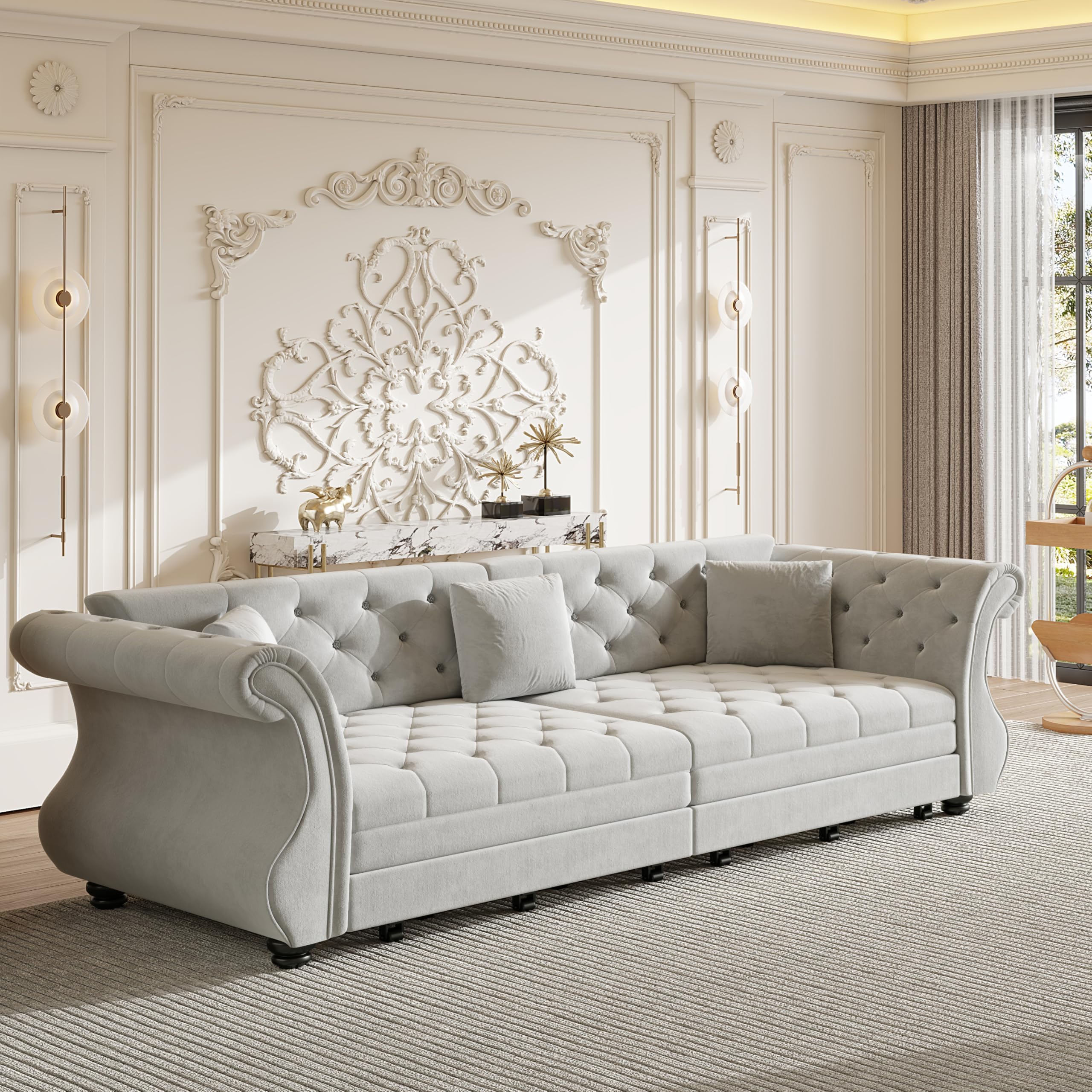 97.6'' King Size Pull Out Sofa Bed, Velvet 3-in-1 Convertible Sleeper Sofa Bed, Chesterfield Rolled Arm, Flower Tufted, Oversized Deep Seat Loveseat Sofa for Living Room, Apartment, Light Gray