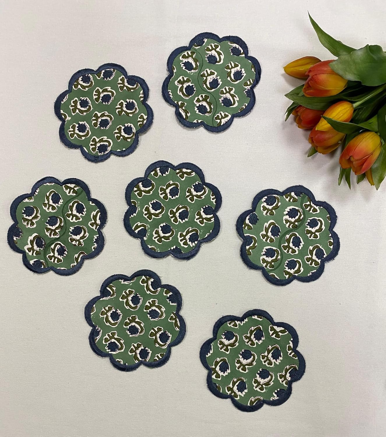Ridhi 8-Pcs 100% Cotton Hand Block Print Drink Coasters 5" in Basil Green image 4