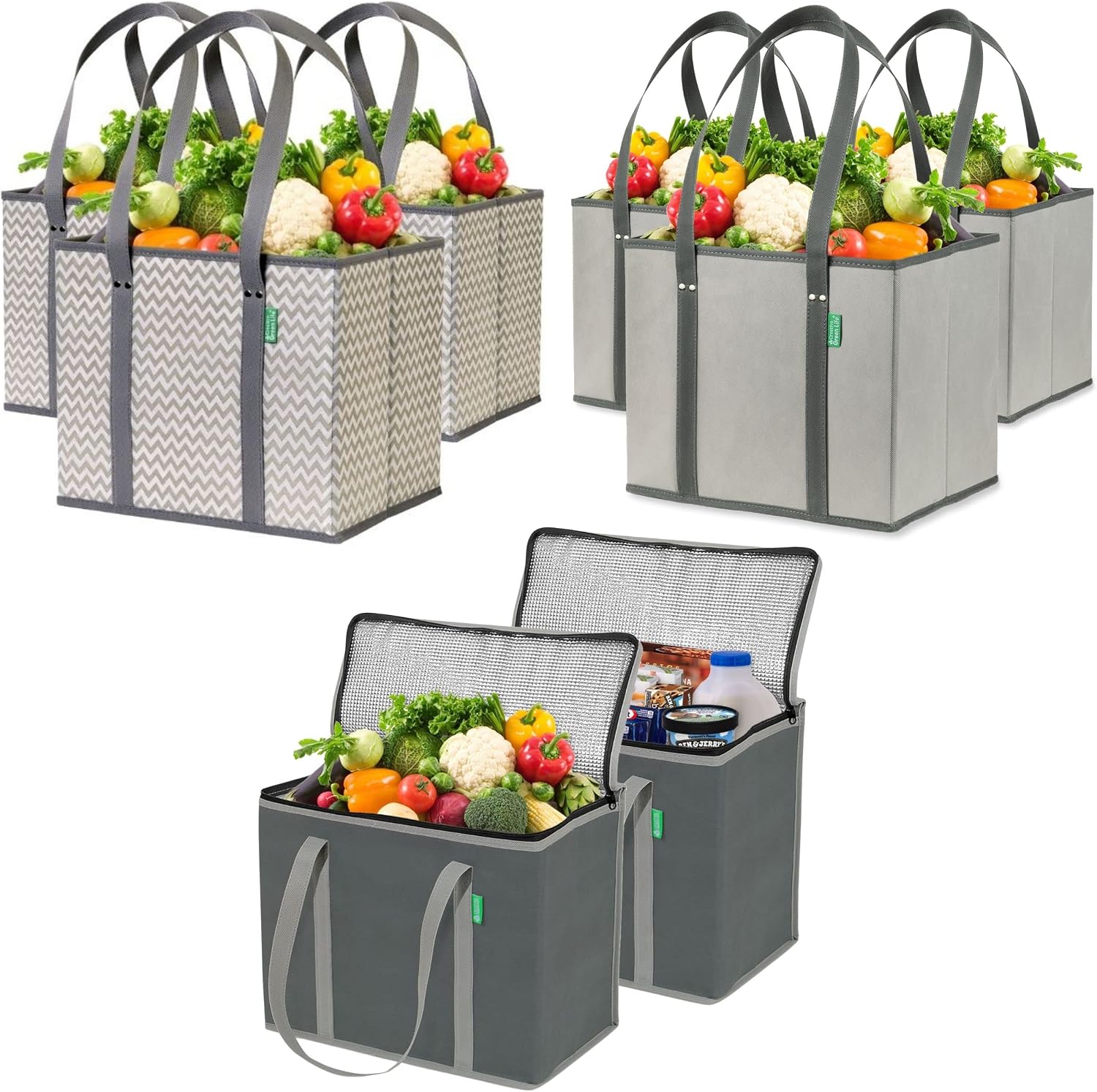 Creative Green Life Family Sized Shopping Bag 8-Pack - Reusable Grocery Box Bags (6) – Insulated Grocery Bags (2) – Premium Quality, Heavy Duty Tote Bag Set