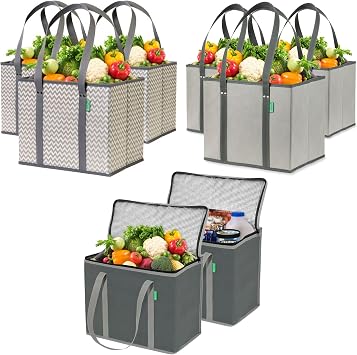 Creative Green Life Family Sized Shopping Bag 8-Pack - Reusable Grocery Box Bags 6 Insulated Grocery Bags 2 Premium Quality, Heavy Duty Tote Bag Set