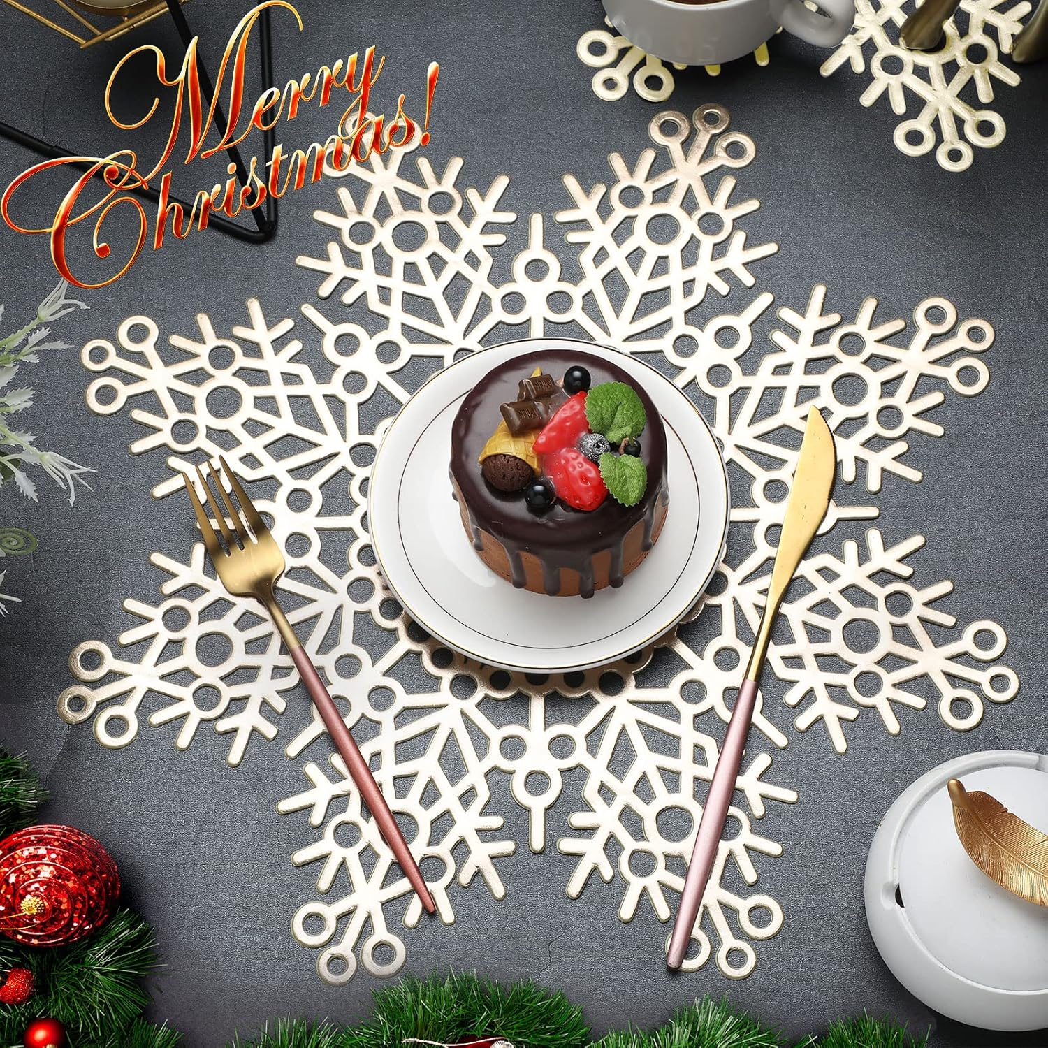 Snowflake Placemat Set 15 Inch Pressed Vinyl Metallic Christmas Washable Heat Resistant Non Slip Placemat Hollow Out for Xmas Holiday Dining Table Kitchen(Gold,24 Pcs)