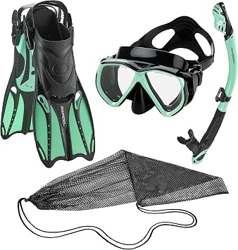 Phantom Aquatics Rapido Adult Mask Fin Snorkel Set, Panoramic View Snorkel Mask + Snorkeling Gear Travel Bag, Mint, ML/XL, us 9/11 - EU 42/45