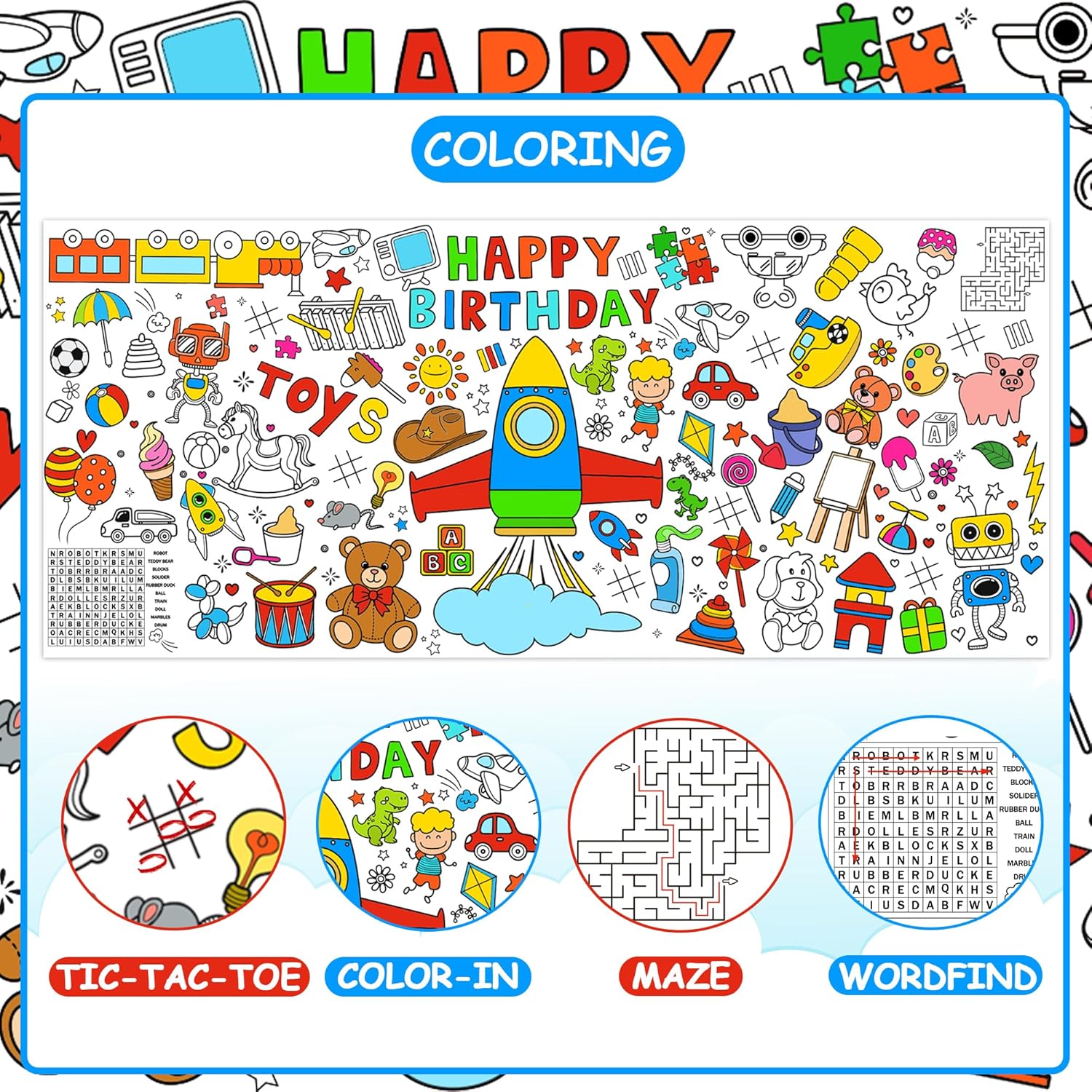 Cartoon Story Giant Coloring Tablecloth - 72 x 31 Inch Jumbo Paper Coloring Activity Poster, Rocket Happy Birthday Themed Table Cover for Birthday Party, Classroom, Family Games Decorations