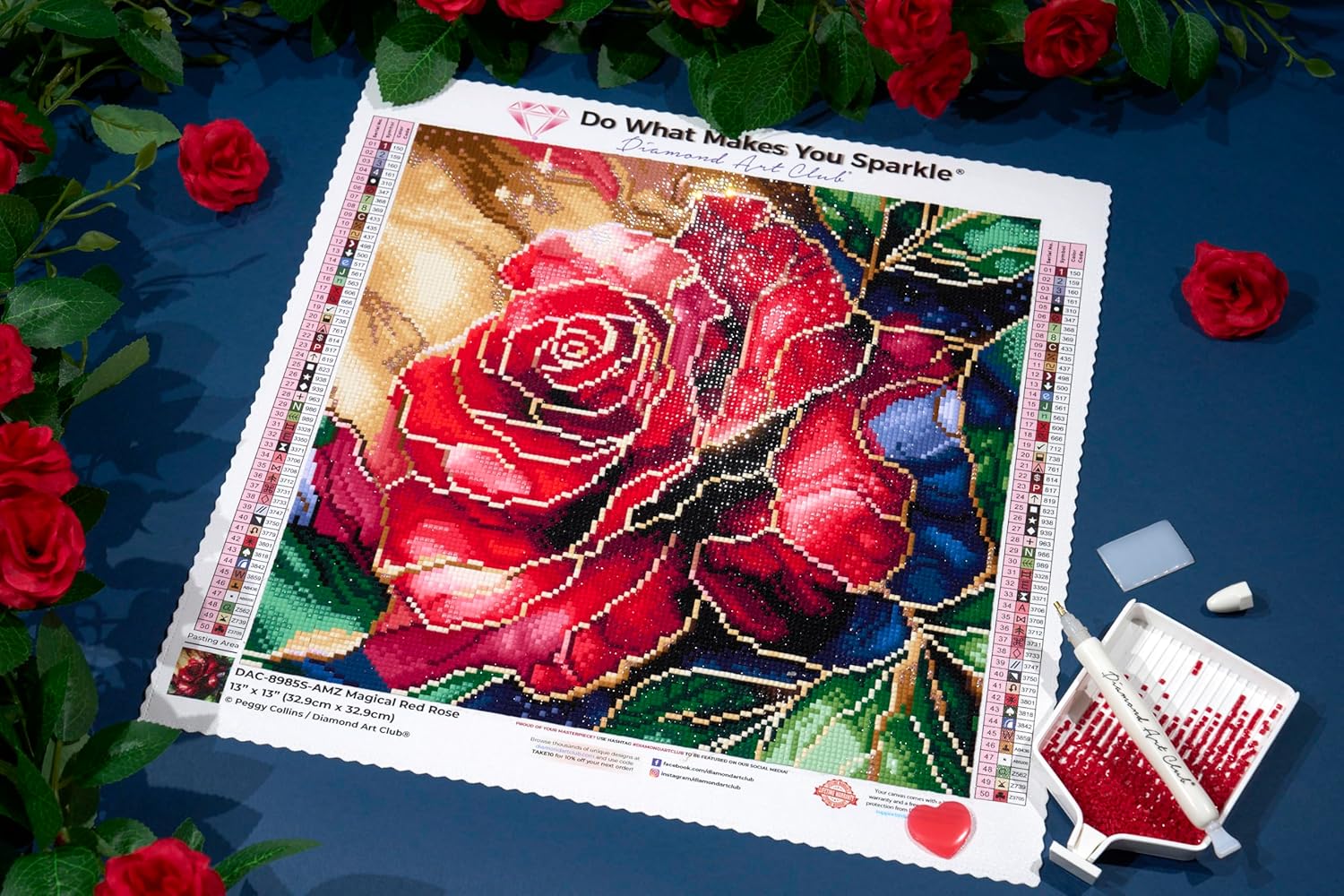 DIAMOND ART CLUB Magical Red Rose Diamond Painting Kit, Fun DIY Crafts for Adults, Square Diamond Art Canvas, 13" x 13" (32.9 cm x 32.9 cm)