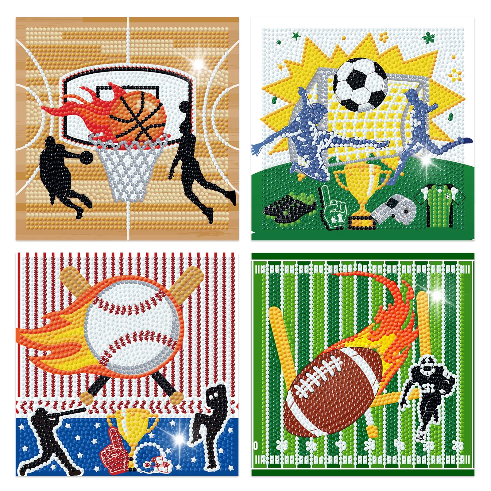 Cheerupp 4 Pcs Sports Diamond Art Kits, Basketball Football Baseball Soccer DIY Creative Diamond Art Sticker Craft by Number for Adults Beginner, Full Round Drill Gem for Home Wall Decor