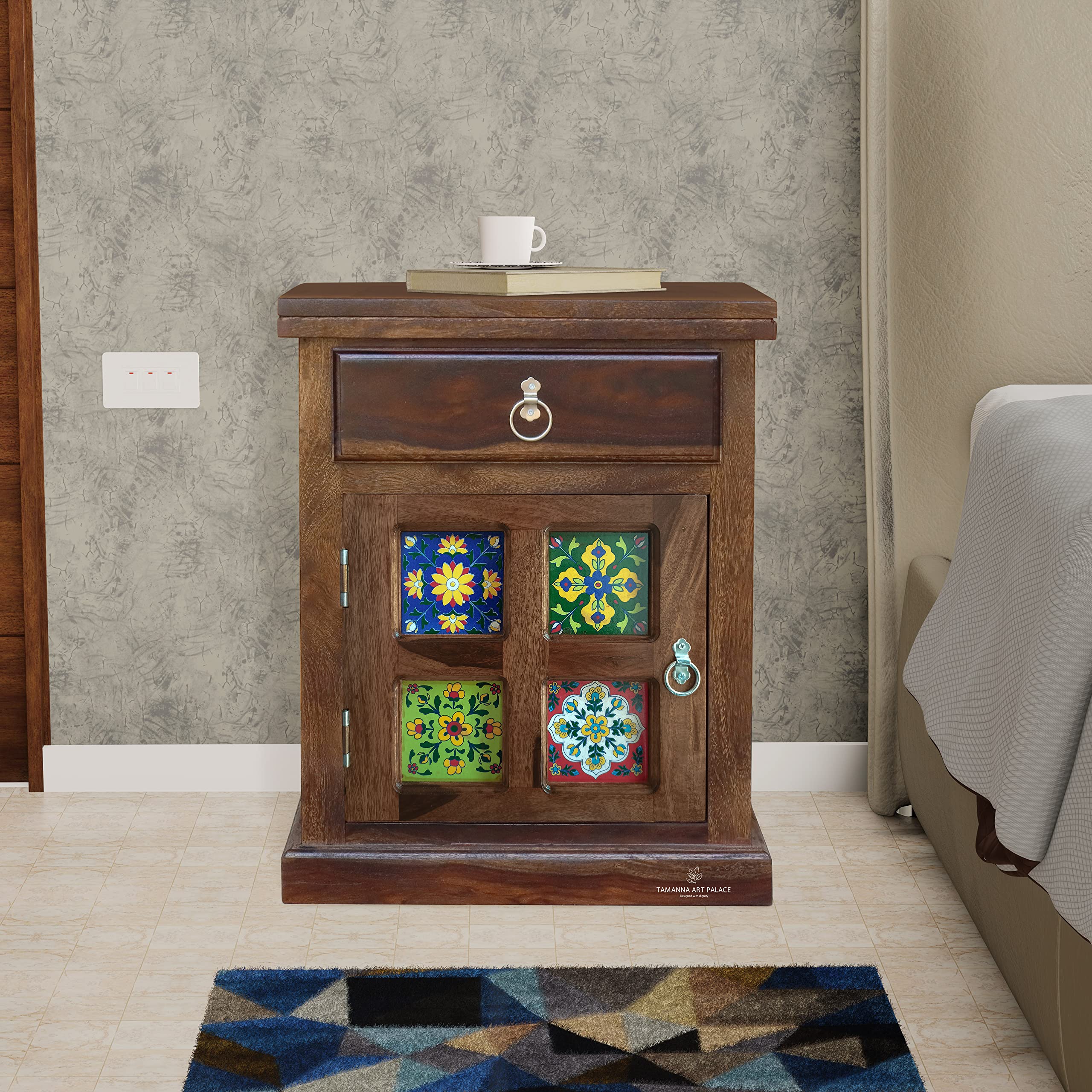 PLATINUM WOOD DECOR Solid Wood Nivora Bedside Table/Nightstand/End Table with Storage, Modern Design, Walnut Finish, 45*35*55 CM-image-46