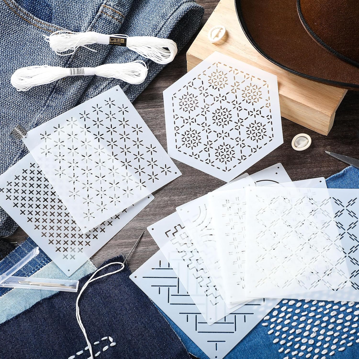 Yousoontic 24 Pcs 4.7 x 4.7 Inch Plastic Sashiko Stencil Kit with Sashiko Thimble and Needles Thread Geometric Pattern Template Drawing Line Embroidery Pattern for Hand Quilting and Embroidery