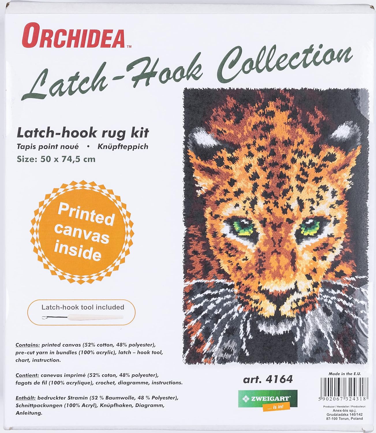 Orchidea - Latch Hook Rug Kit - Leopard - Printed Canvas - 4.5 Count - for Adults - 4164