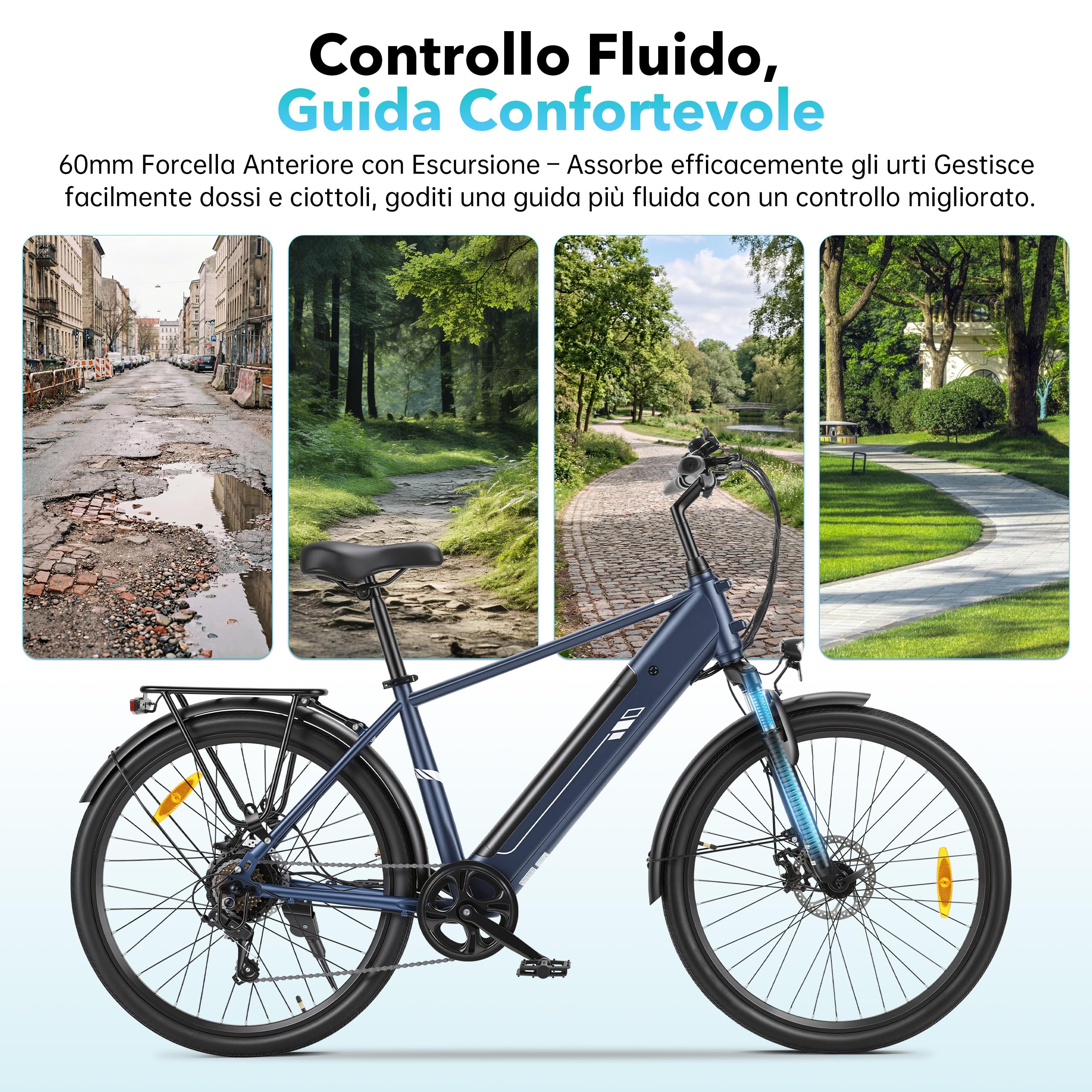 Touroll Bicicletta elettrica J2, pneumatici da 26'', batteria da 15,6 Ah, motore da 250 W e 45 Nm, autonomia di 100 km, ideale per i pendolari in città