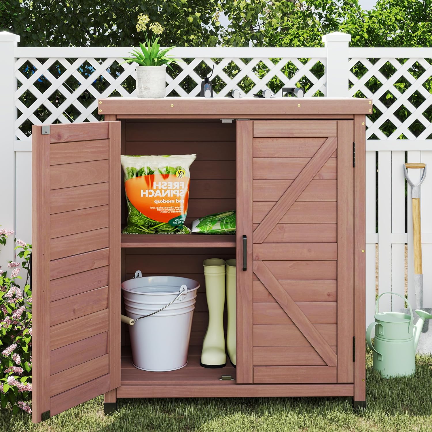 Outdoor Storage Cabinet & Potting Bench Table with Metal Top, Wooden Patio Furniture, Garden Workstation (Royal Brown, 36x31x17in)
