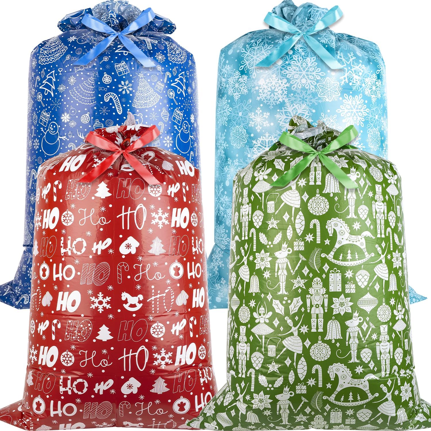 XiaosRen 4PCS Extra Large Christmas Plastic Gift Bags, Jumbo 60" x 36" Giant Xl Bags with Ribbon and Tag for Oversized Xmas Holiday Presents Wrapping.
