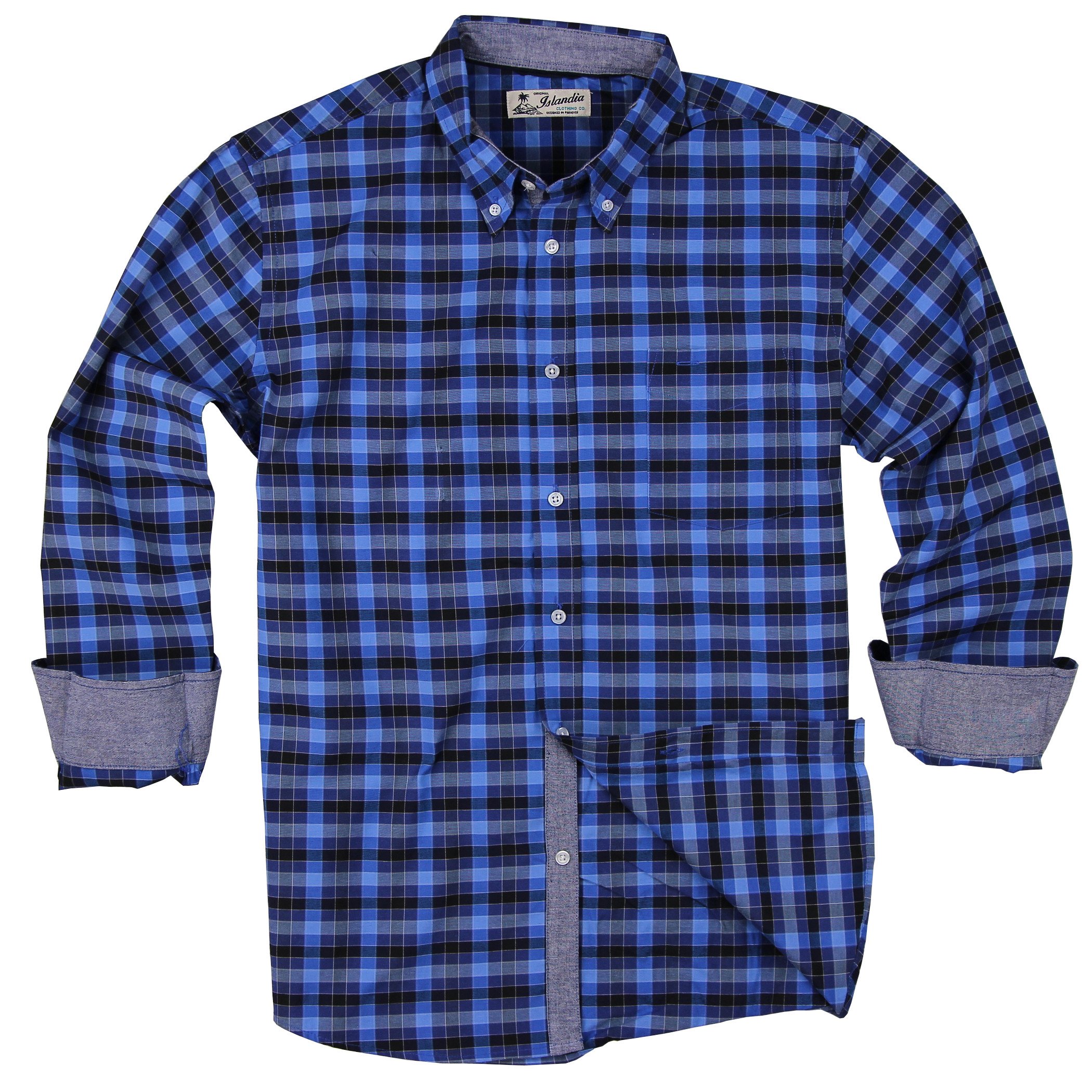Islandia Men's Long Sleeve Casual Button Down Shirt (Navy Check, Large)