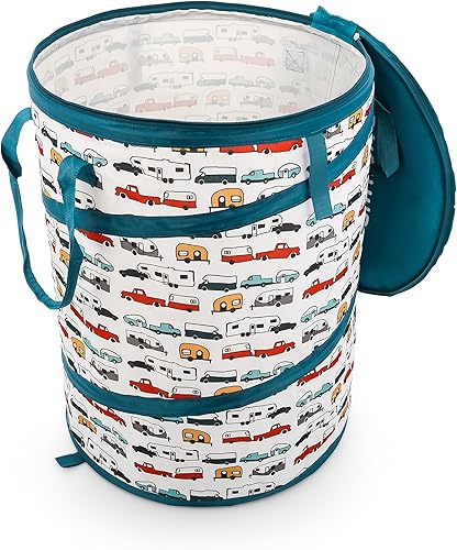 Camco Contenedor utilitario desplegable  Cuenta con forro resistente y tapa con cierre de cremallera  Capacidad para bolsas de basura de 30 galones