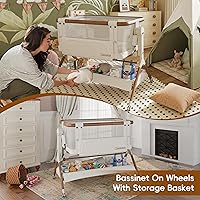 Vista 5 de Moisés junto a la cama, moisés mecedor para bebé, cuna 3 en 1 con 6 alturas ajustables, malla transpirable y ruedas con bloqueo, artículos