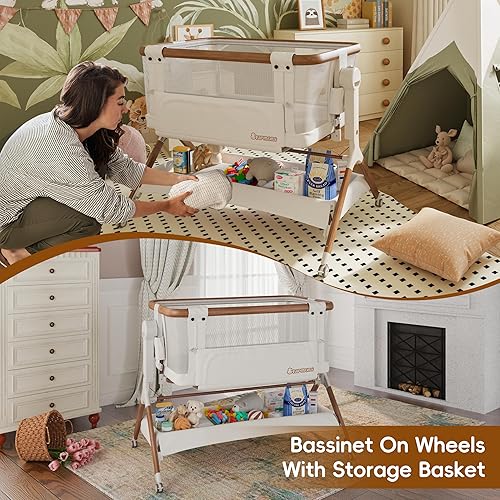 Miniatura 5 de Moisés de noche, moisés mecedor para bebé, cuna 3 en 1 con 6 alturas ajustables, malla transpirable y ruedas con bloqueo, artículos imprescindibles