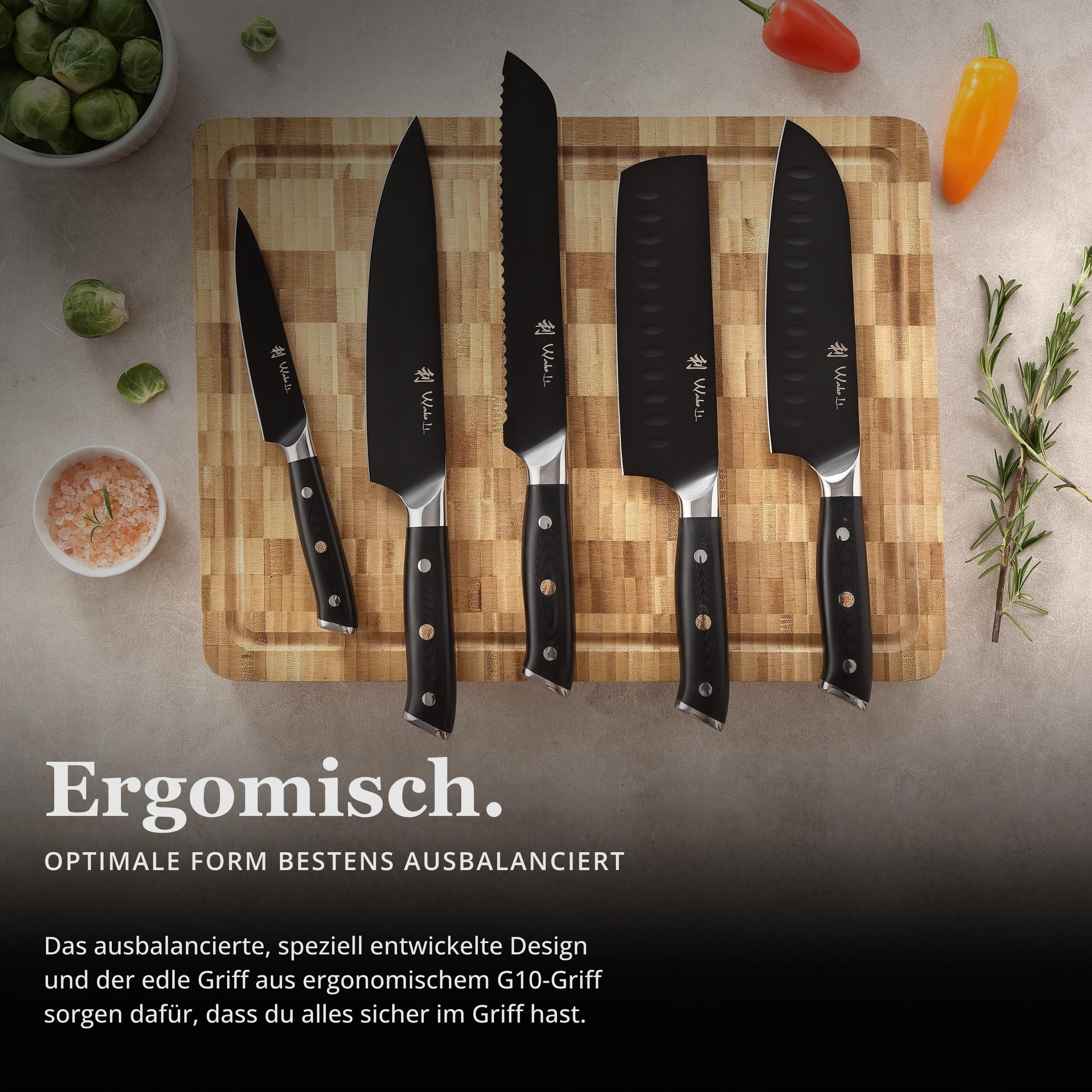 Wakoli Titanium Noir Messerblock-Set mit 5 Messern aus 5Cr15MoV-Stahl | Chefmesser, Brotmesser, Santoku, Nakiri und Allzweckmesser; G10-Griffe, Titanbeschichtung, einseitig magnetischer Messerblock