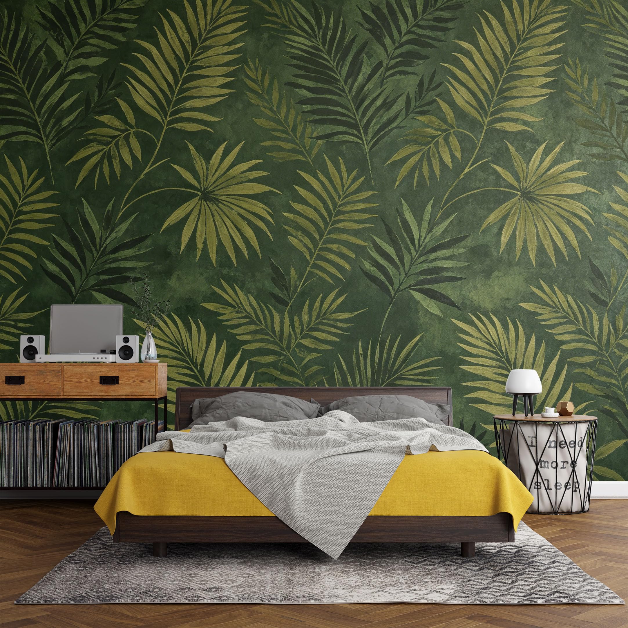 Custom Size Wall Mural， Tropical Palm Leaves Jungle Green Botanical Pattern，SelfAdhesive Art Prints wall Fabric (No PVC) Removable Wallpaper Living Room Decor