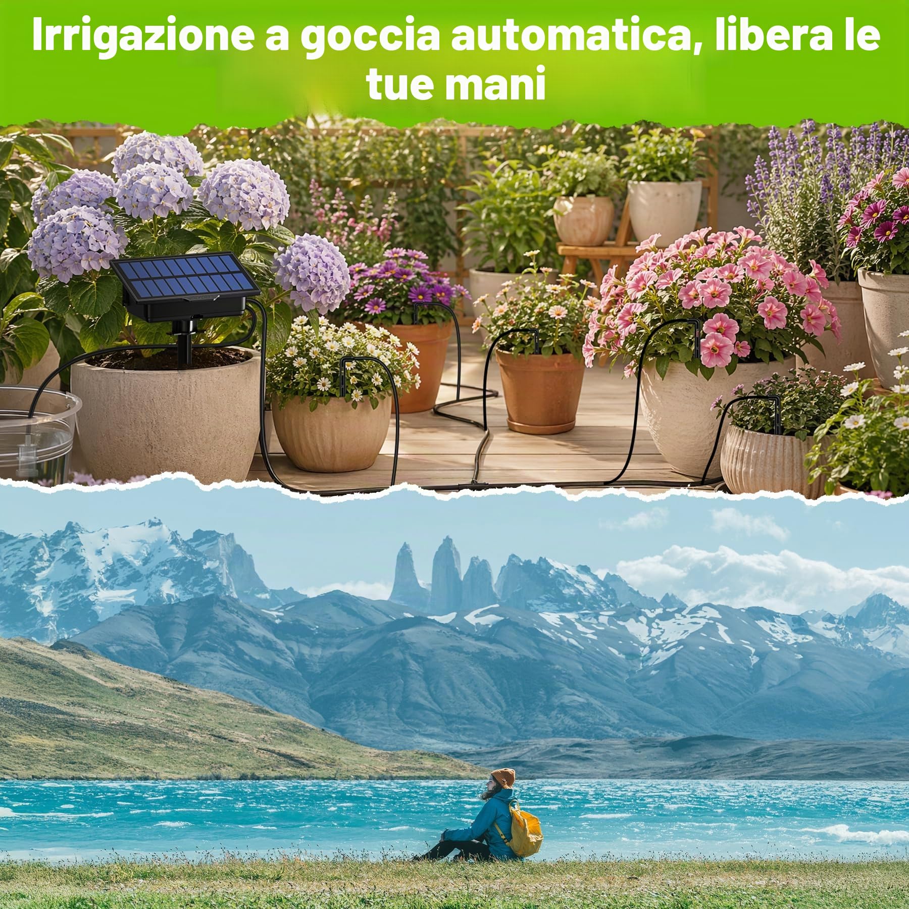 RAINPOINT Irrigazione Automatica Solare Giardino, Nuovo design del tubo per una distribuzione uniforme dell'acqua, Sistema di irrigazione a goccia con 90 modalità timer + Tubo da 15 m, Anti-sifone