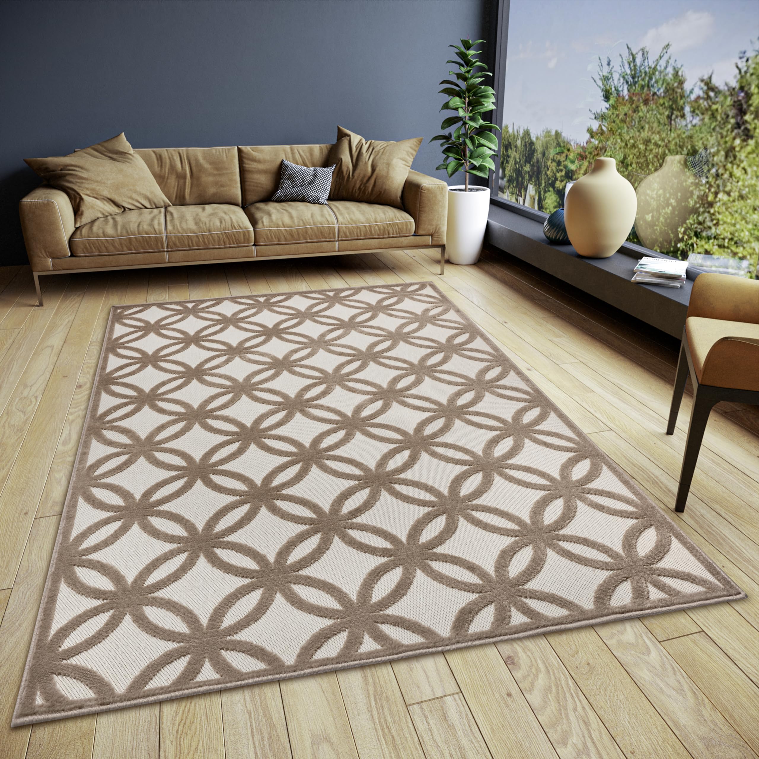 HANSE Home Circle Design Tapis de Salon, tissé Plat, Moderne, Motif Losanges géométriques, Style scandinave, pour Salle à Manger, Chambre d'enfant, Couloir, crème, Marron, 133 x 190 cm