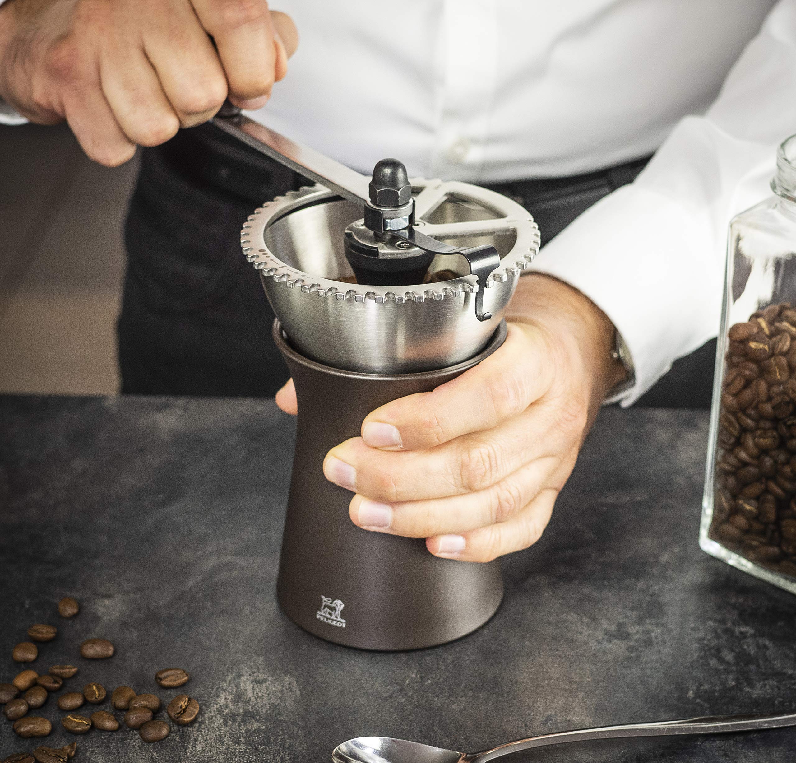 Peugeot Kaffeemühle Kronos 19 cm Schokolade I Hochwertige Kaffeemühle manuell aus robustem Edelstahl & Kunststoff I Kaffeezubehör, Grau